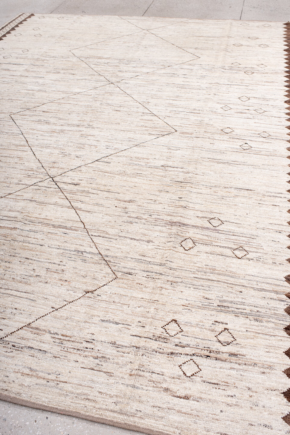 9' x 12' one-of-a-kind handmade vintage Tulu large size rug. Color palette: brown, gray, lavender blush, light gray, linen