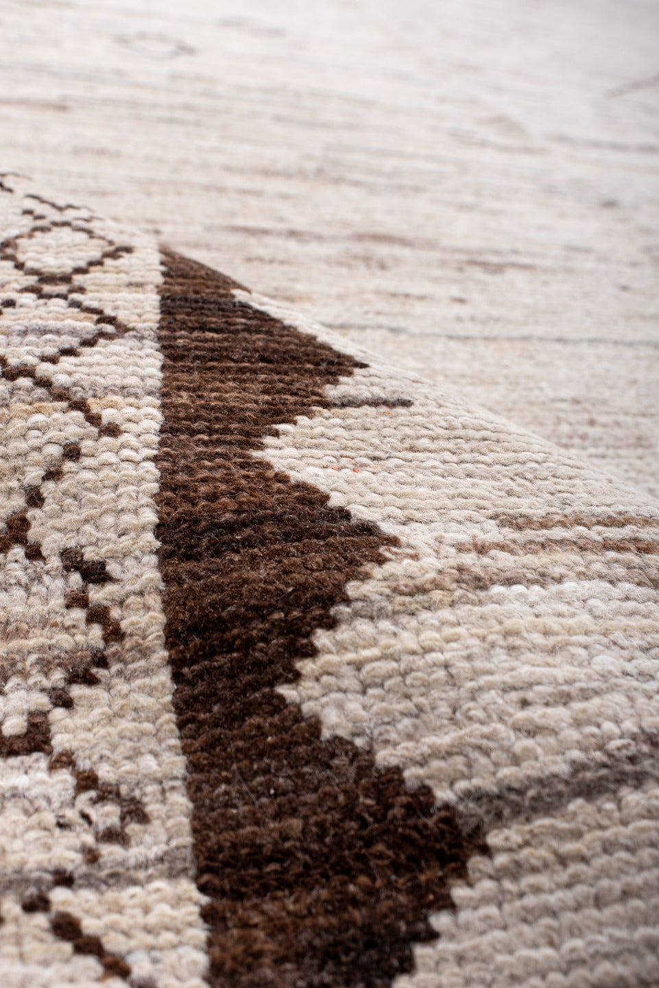 9' x 12' one-of-a-kind handmade vintage Tulu large size rug. Color palette: brown, gray, lavender blush, light gray, linen