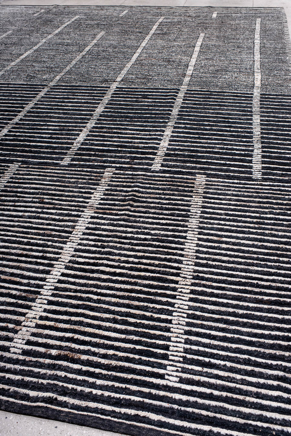 13' x 19' one-of-a-kind handmade vintage Tulu oversize rug. Color palette: black, blue, dark gray, dim gray, gray