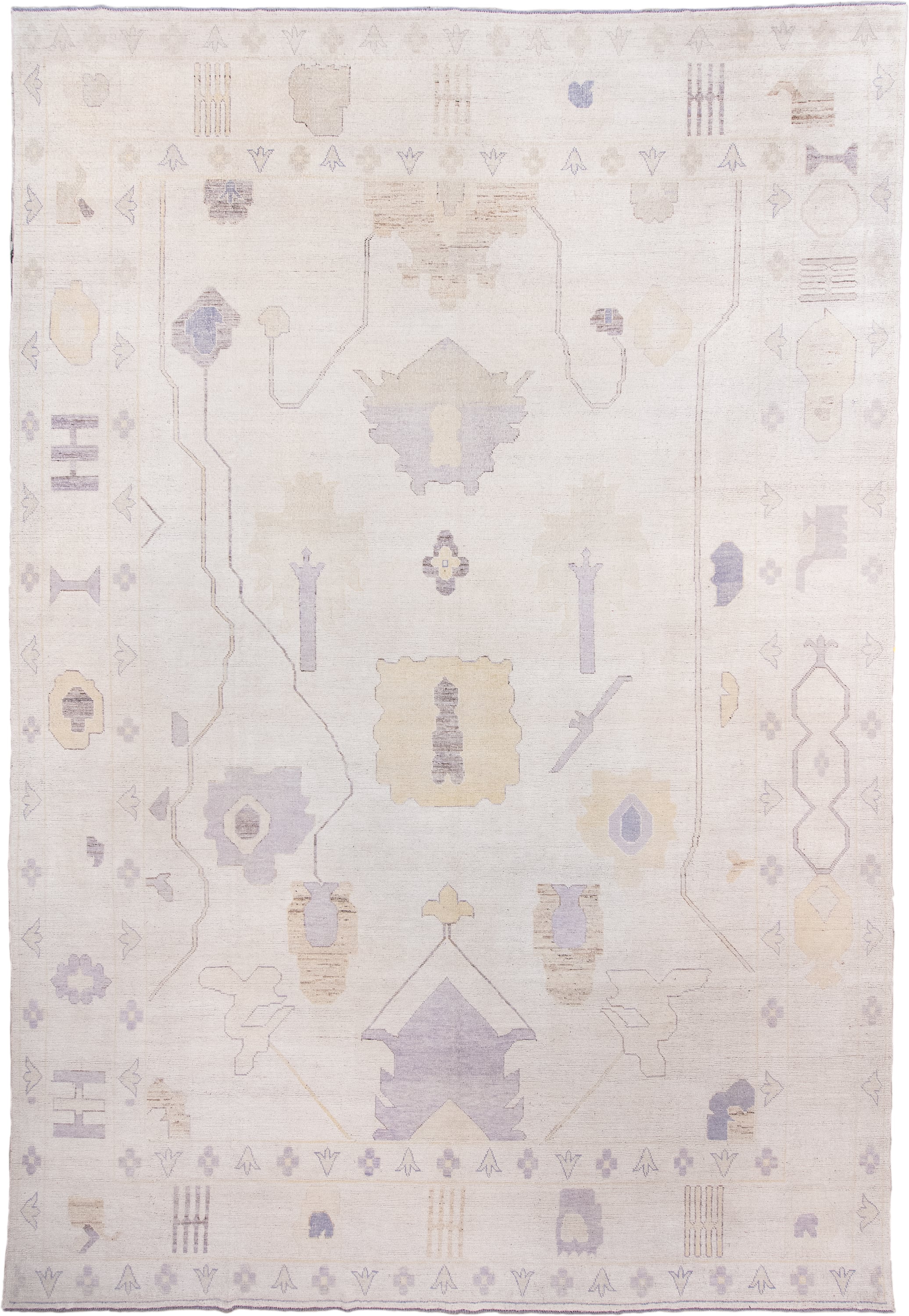 13' x 19' one-of-a-kind handmade vintage Oushak oversize rug. Color palette: ivory, lavender, cream, pale gold, beige, taupe