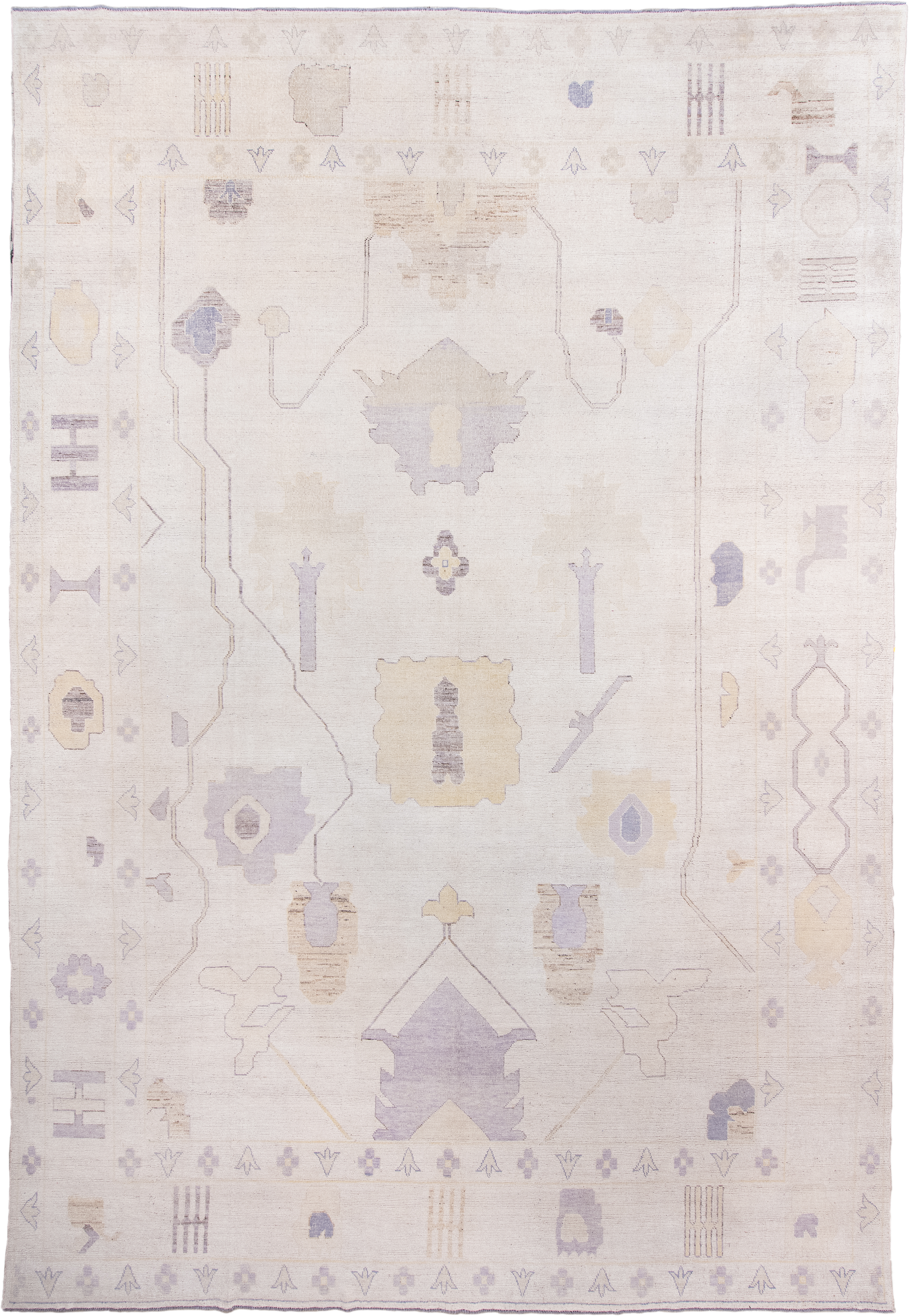 13' x 19' one-of-a-kind handmade vintage Oushak oversize rug. Color palette: ivory, lavender, cream, pale gold, beige, taupe