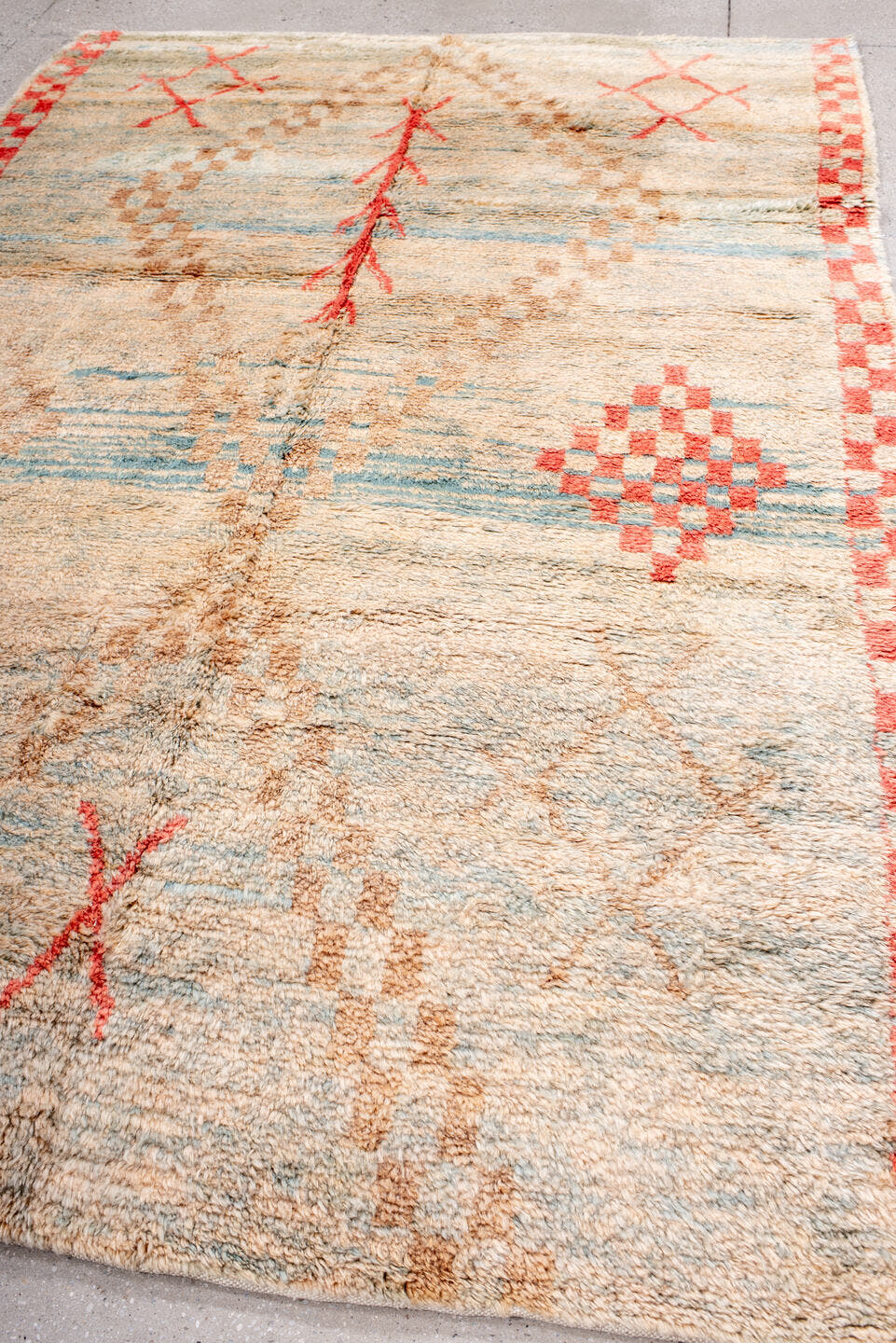 6' x 10' one-of-a-kind handmade vintage Moroccan large size rug. Color palette: ivory, coral, sky_blue, camel, taupe