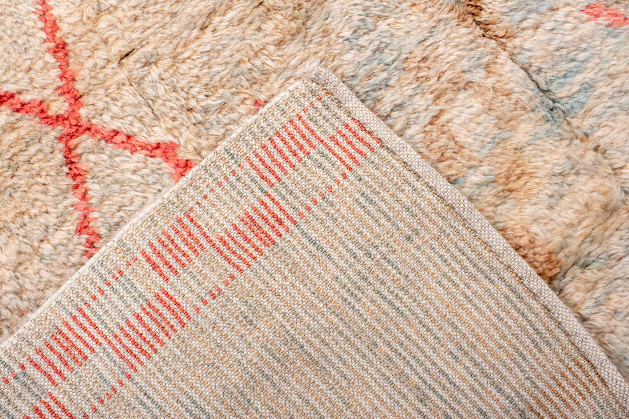 6' x 10' one-of-a-kind handmade vintage Moroccan large size rug. Color palette: ivory, coral, sky_blue, camel, taupe