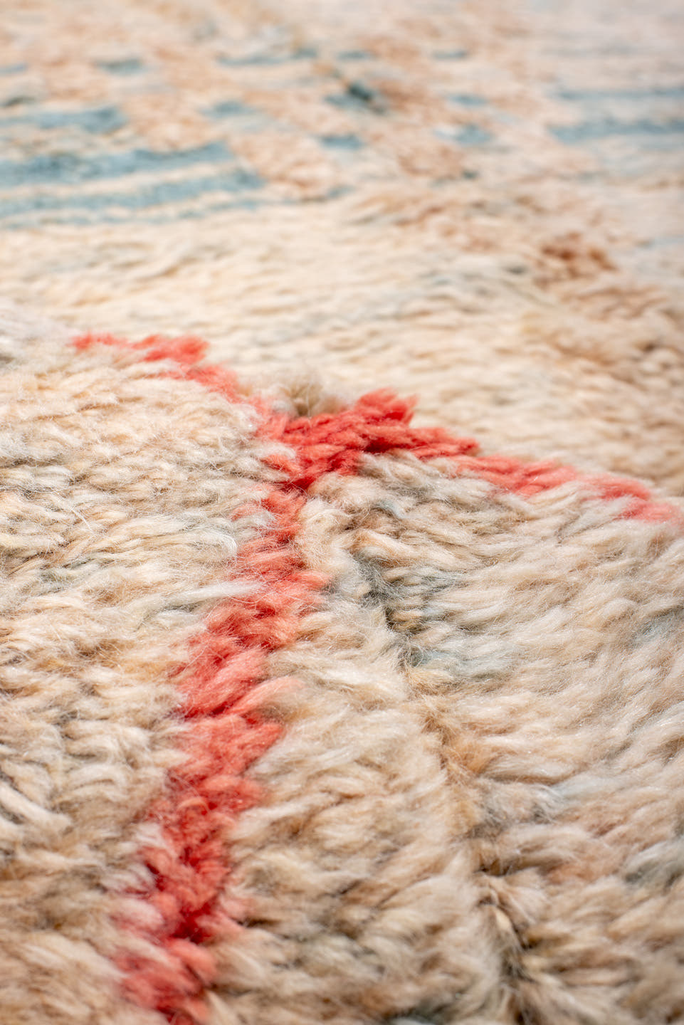 6' x 10' one-of-a-kind handmade vintage Moroccan large size rug. Color palette: ivory, coral, sky_blue, camel, taupe