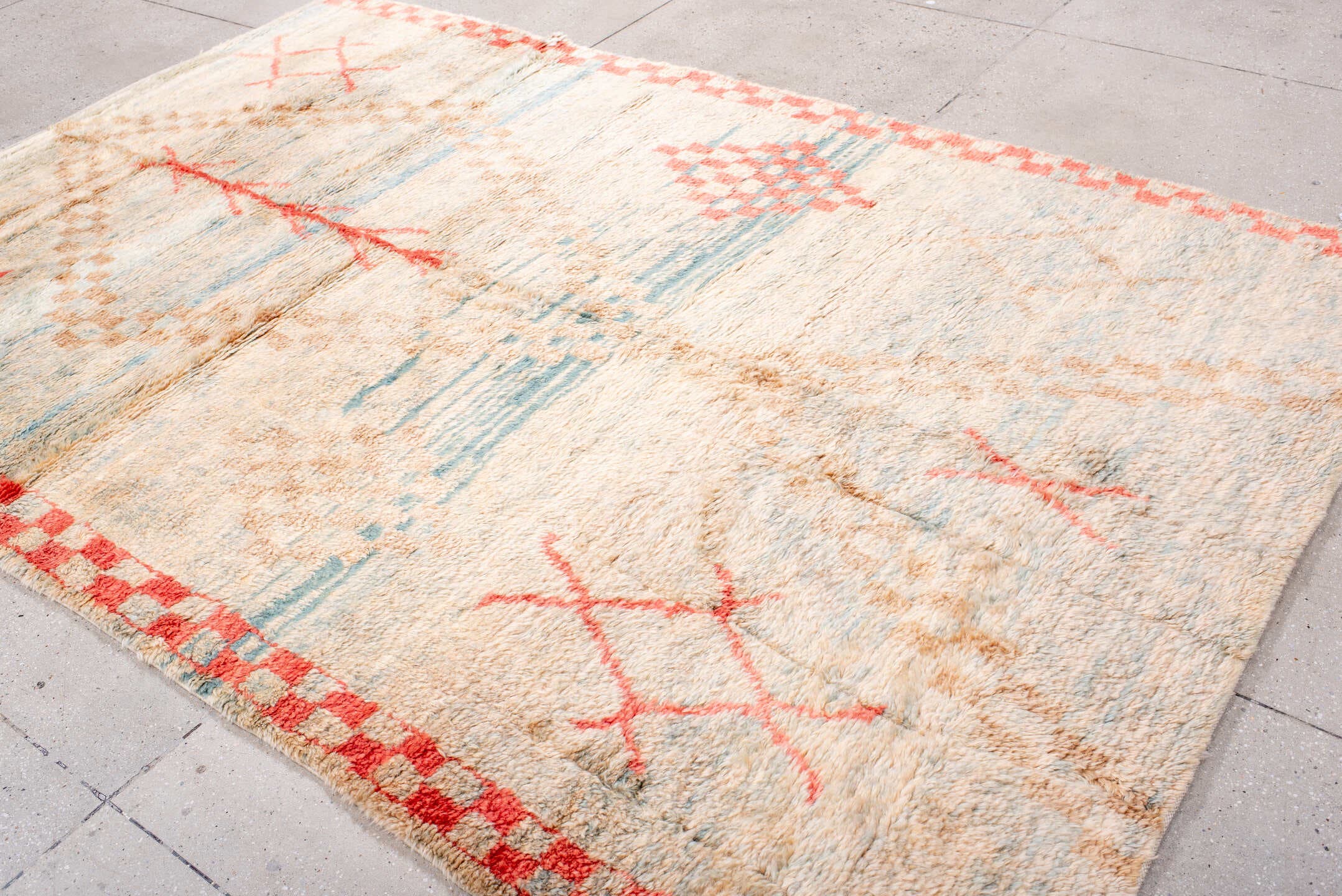 6' x 10' one-of-a-kind handmade vintage Moroccan large size rug. Color palette: ivory, coral, sky_blue, camel, taupe