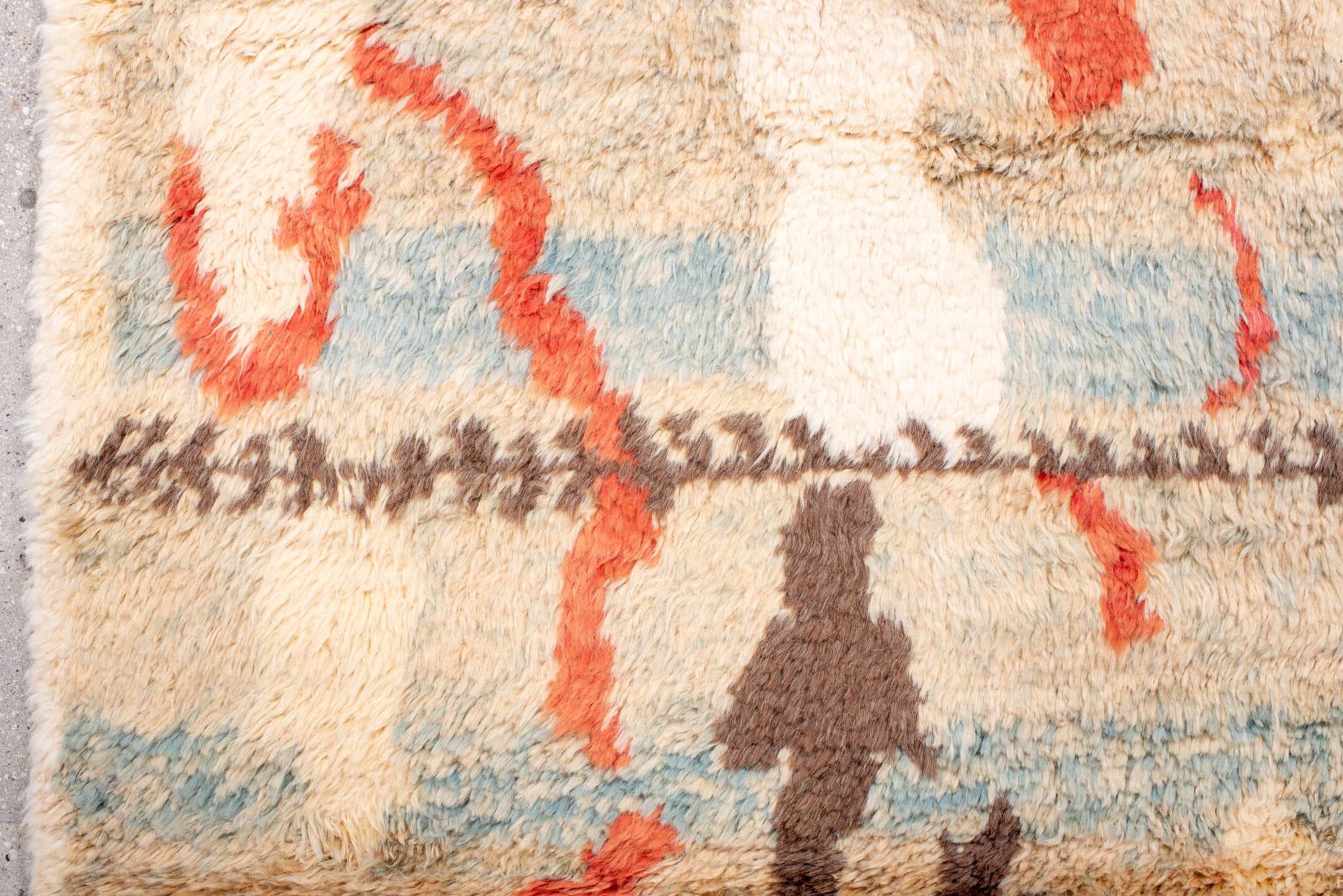 6' x 10' one-of-a-kind handmade vintage Moroccan large size rug. Color palette: ivory, aqua, coral, brown, rust, cream, sage