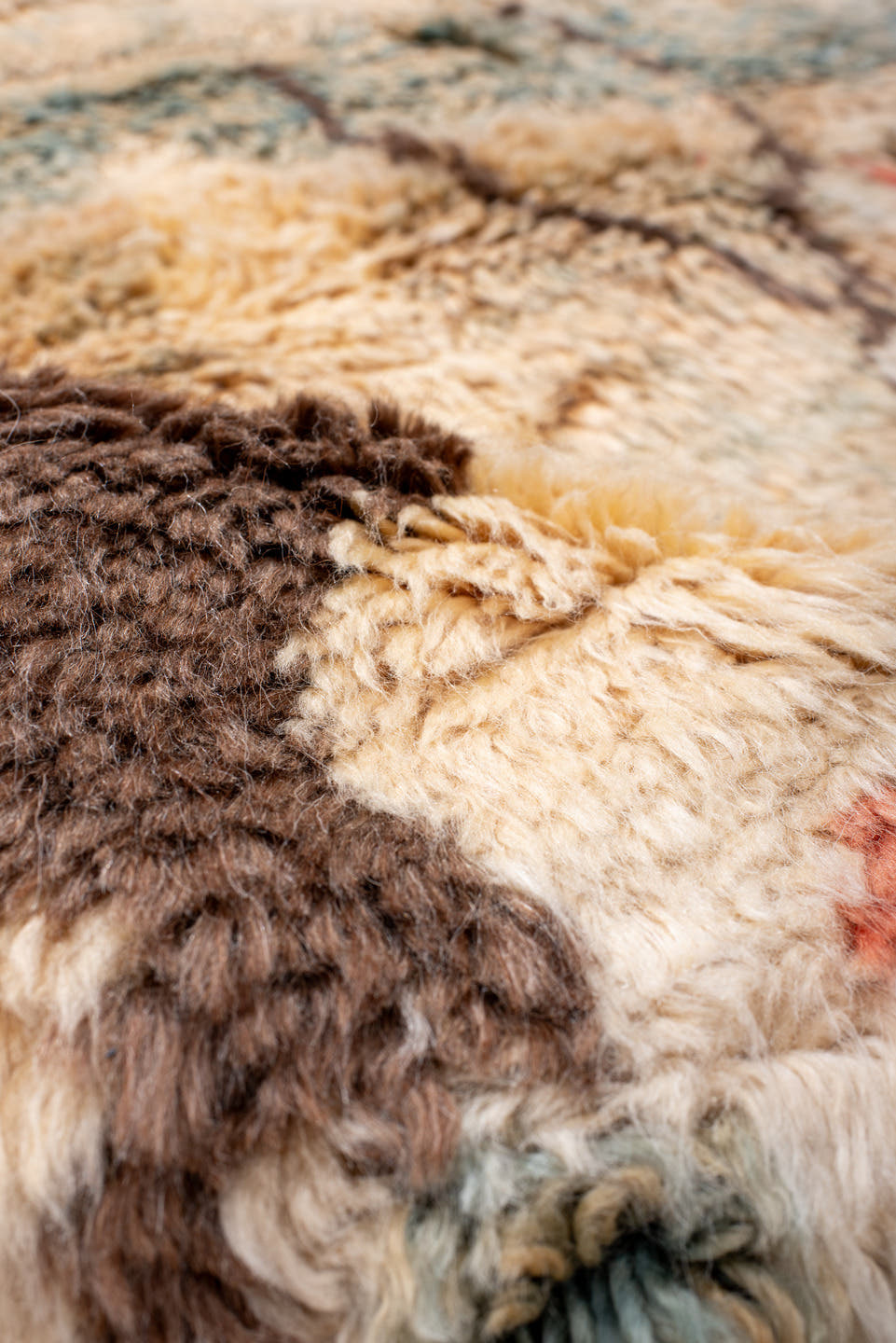 6' x 10' one-of-a-kind handmade vintage Moroccan large size rug. Color palette: ivory, aqua, coral, brown, rust, cream, sage