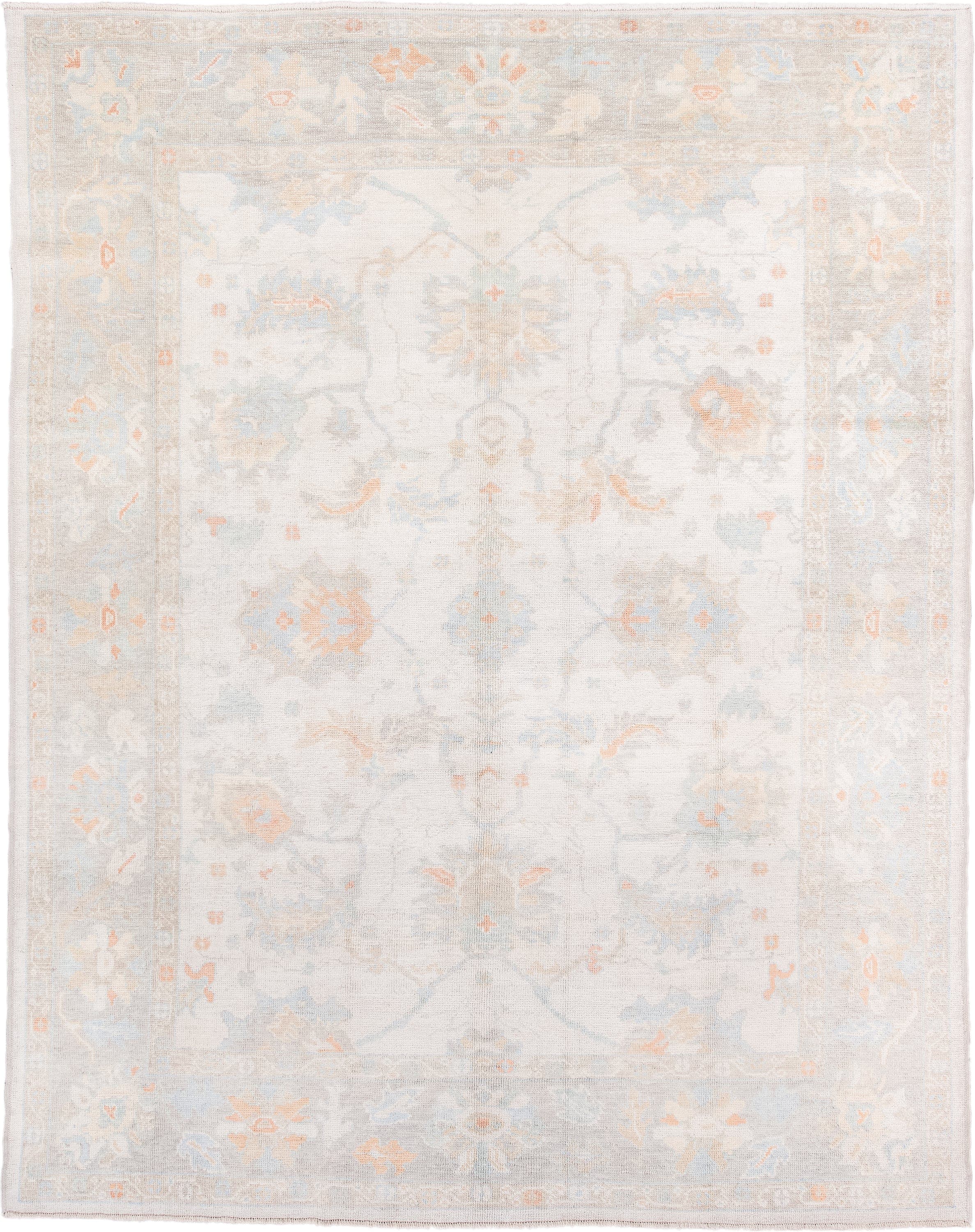 8' x 10' one-of-a-kind handmade vintage Oushak large size rug. Color palette: ivory, pale blue, blush, cream, taupe, peach