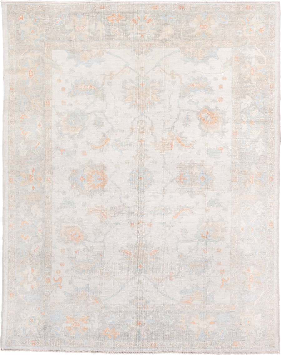 8' x 10' one-of-a-kind handmade vintage Oushak large size rug. Color palette: ivory, pale blue, blush, cream, taupe, peach