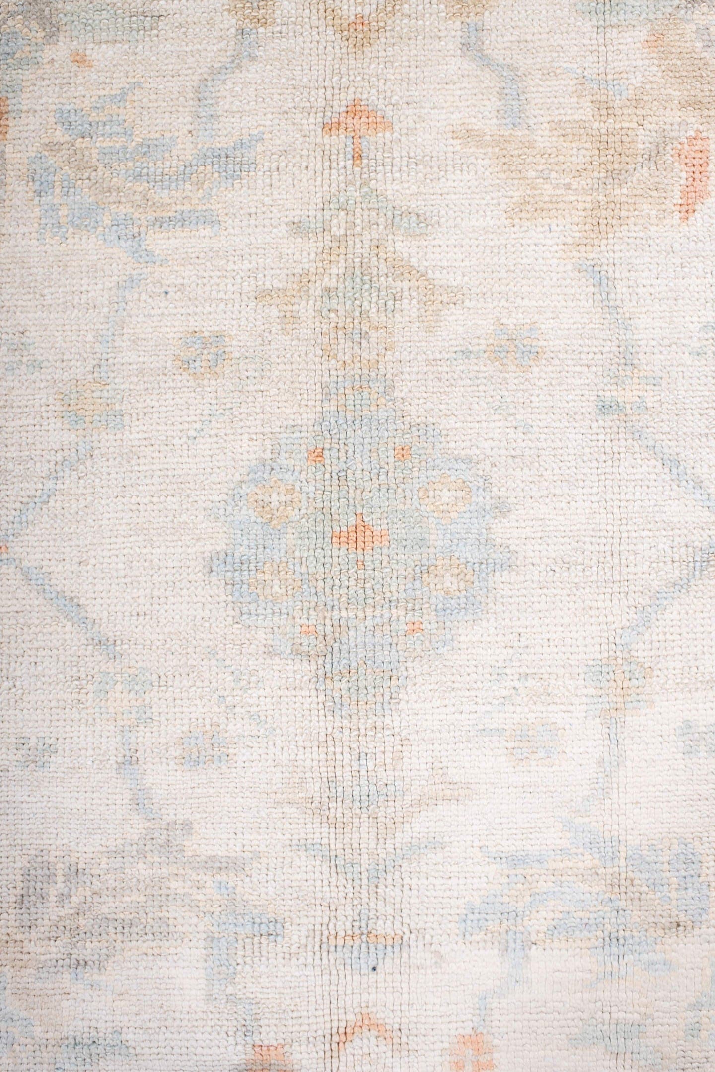 8' x 10' one-of-a-kind handmade vintage Oushak large size rug. Color palette: ivory, pale blue, blush, cream, taupe, peach