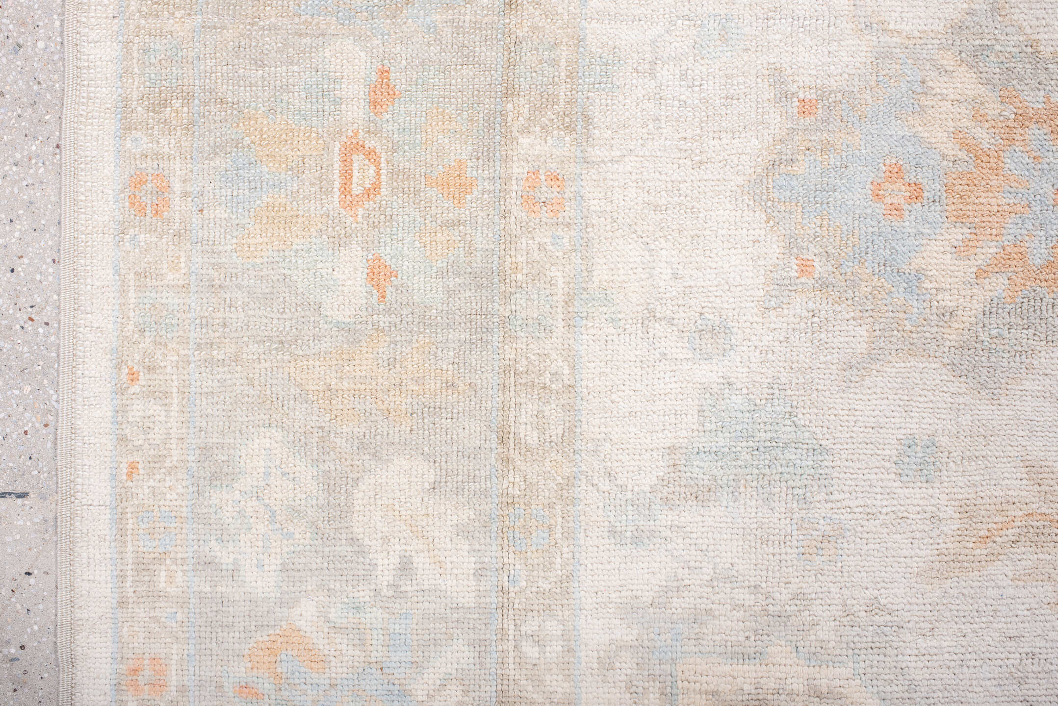 8' x 10' one-of-a-kind handmade vintage Oushak large size rug. Color palette: ivory, pale blue, blush, cream, taupe, peach
