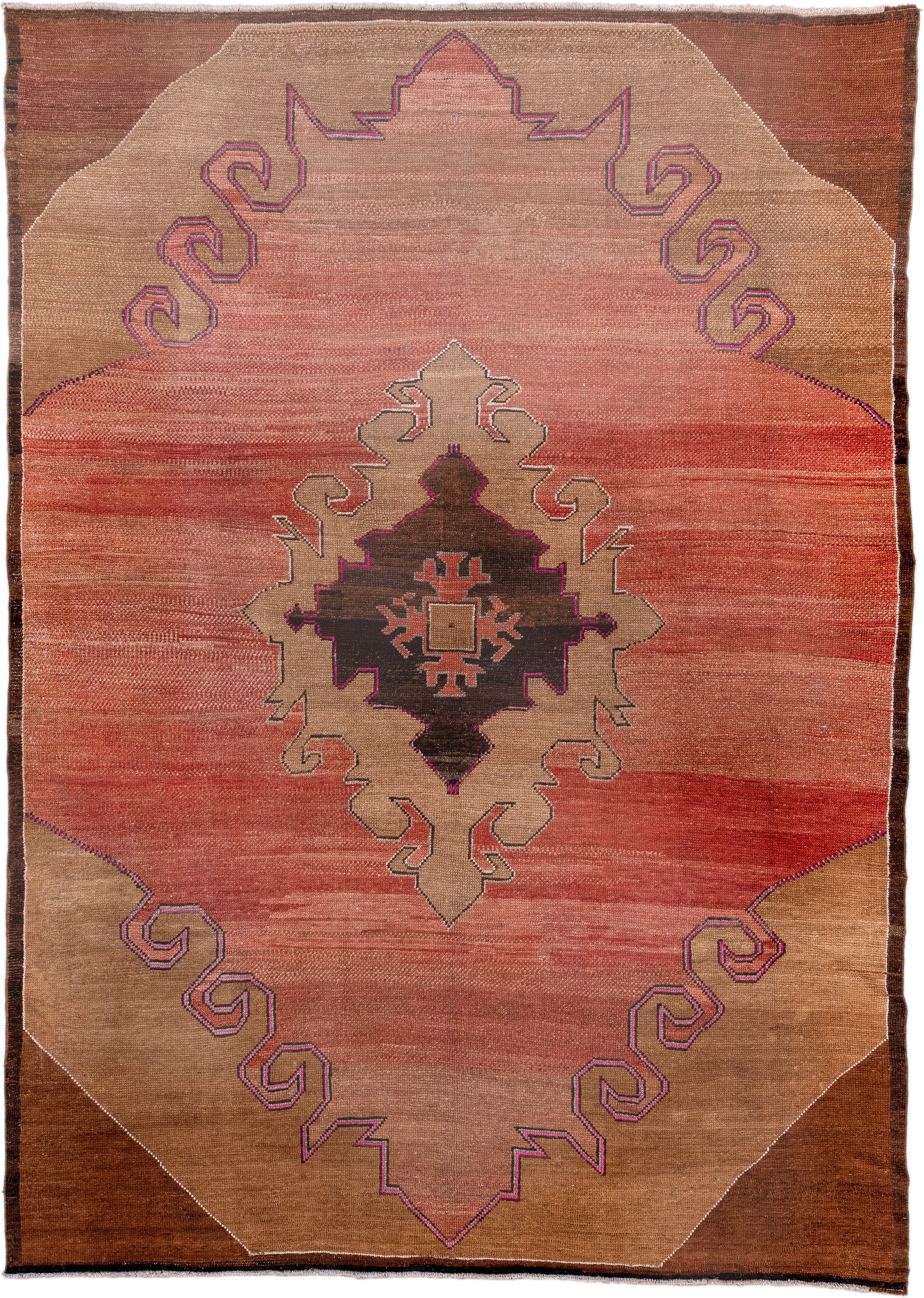 7' x 10' one-of-a-kind handmade vintage Kars large size rug. Color palette: rose, terra cotta, camel, brown, taupe, charcoal