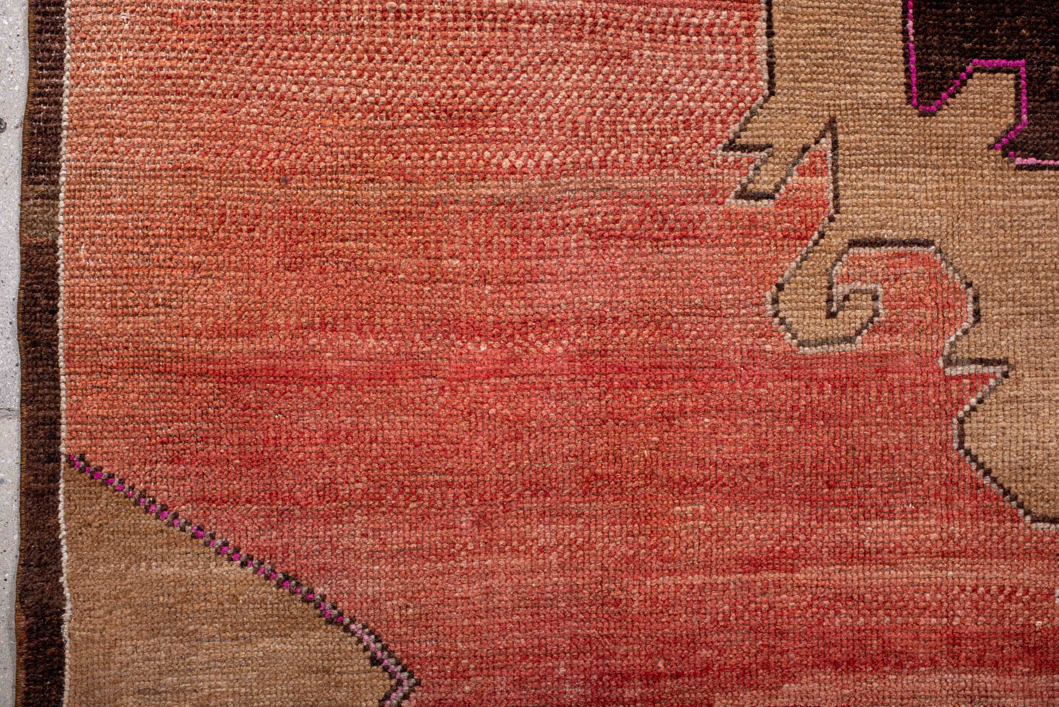 7' x 10' one-of-a-kind handmade vintage Kars large size rug. Color palette: rose, terra cotta, camel, brown, taupe, charcoal