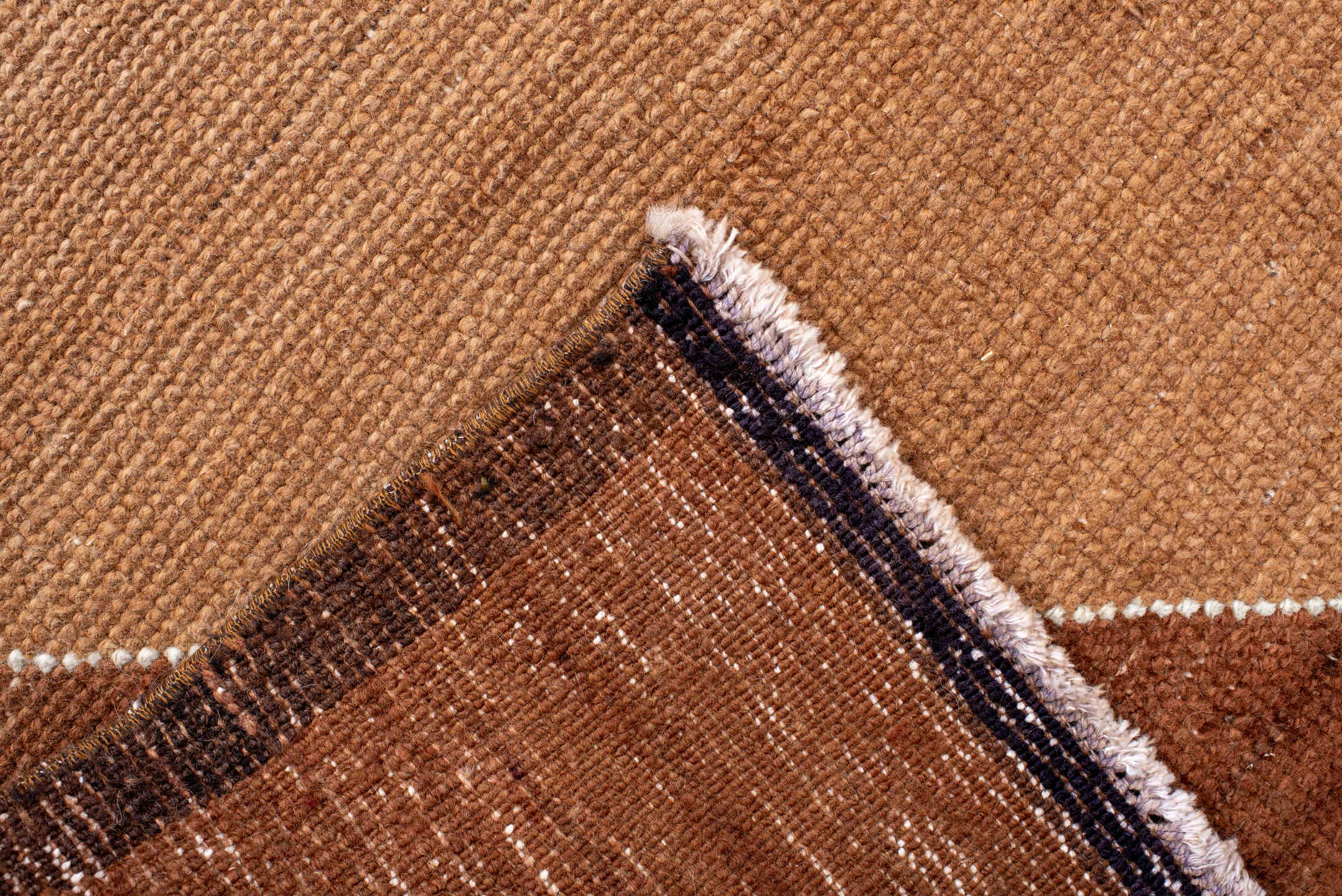 7' x 10' one-of-a-kind handmade vintage Kars large size rug. Color palette: rose, terra cotta, camel, brown, taupe, charcoal