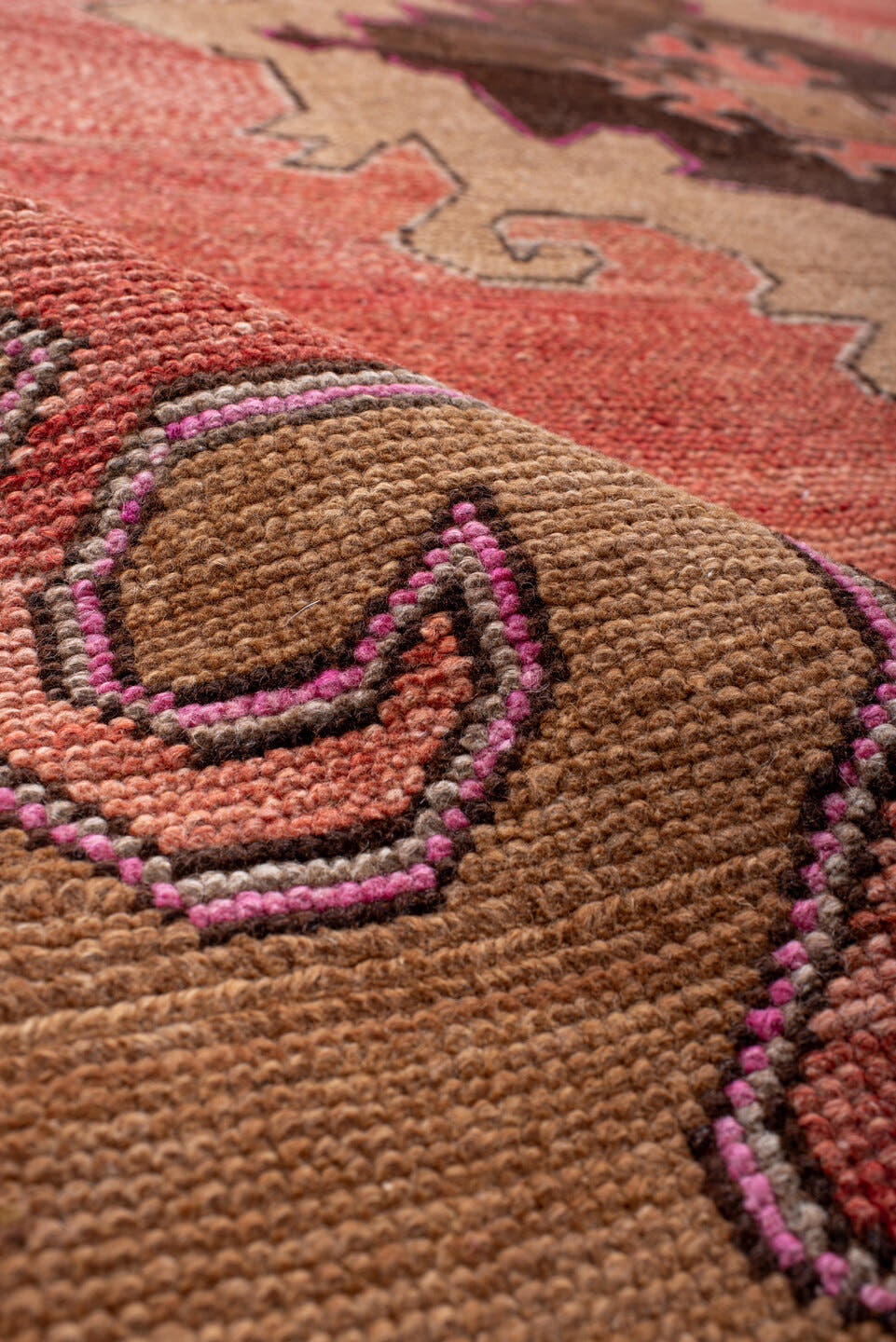7' x 10' one-of-a-kind handmade vintage Kars large size rug. Color palette: rose, terra cotta, camel, brown, taupe, charcoal