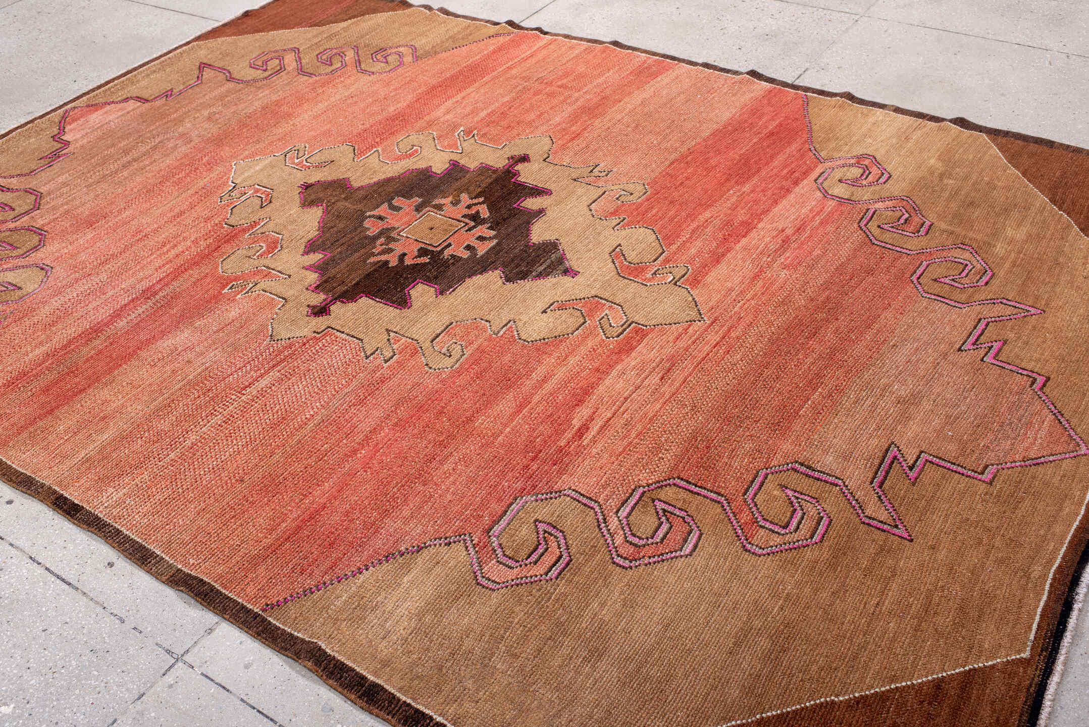 7' x 10' one-of-a-kind handmade vintage Kars large size rug. Color palette: rose, terra cotta, camel, brown, taupe, charcoal