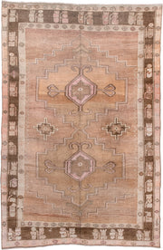 7' x 10' one-of-a-kind handmade vintage Kars large size rug. Color palette: blush, camel, taupe, brown, ivory, rose