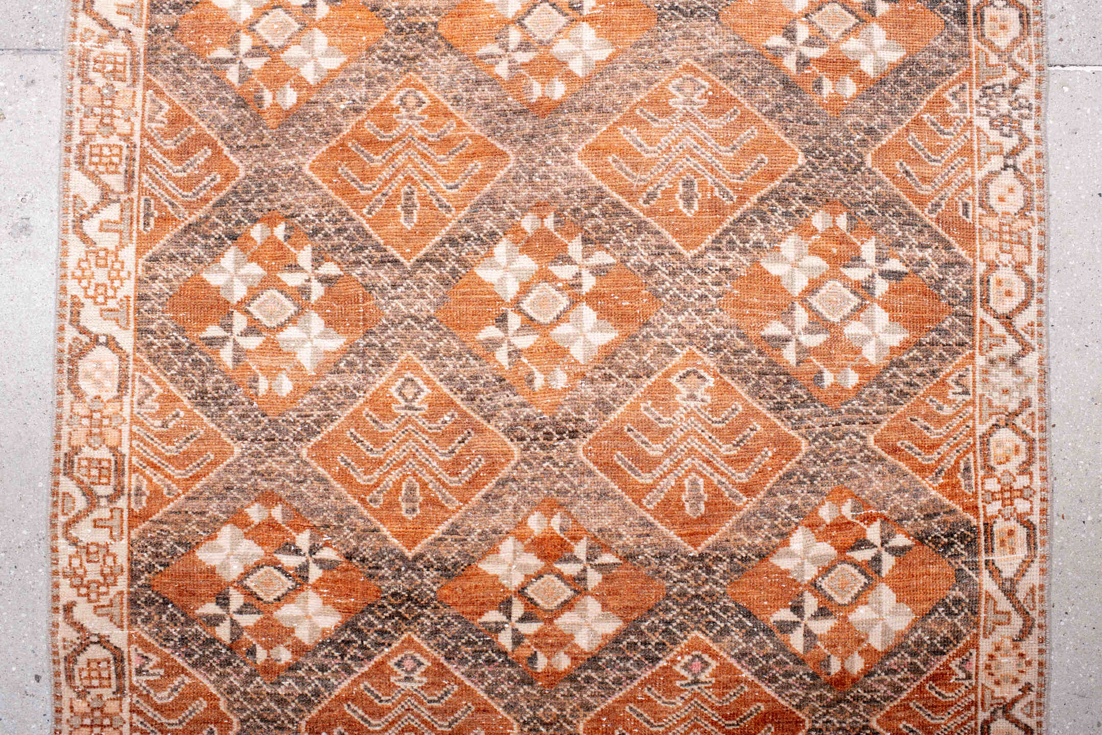 3' x 13' one-of-a-kind handmade vintage Sparta runner rug. Color palette: antiquewhite, brown, gray, light gray, linen