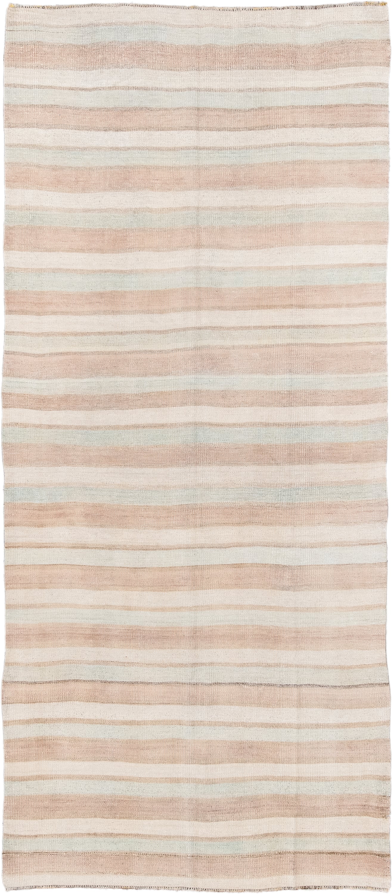 4' x 10' one-of-a-kind handmade vintage Kilim runner rug. Color palette: ivory, blush, beige, taupe, pink, gray