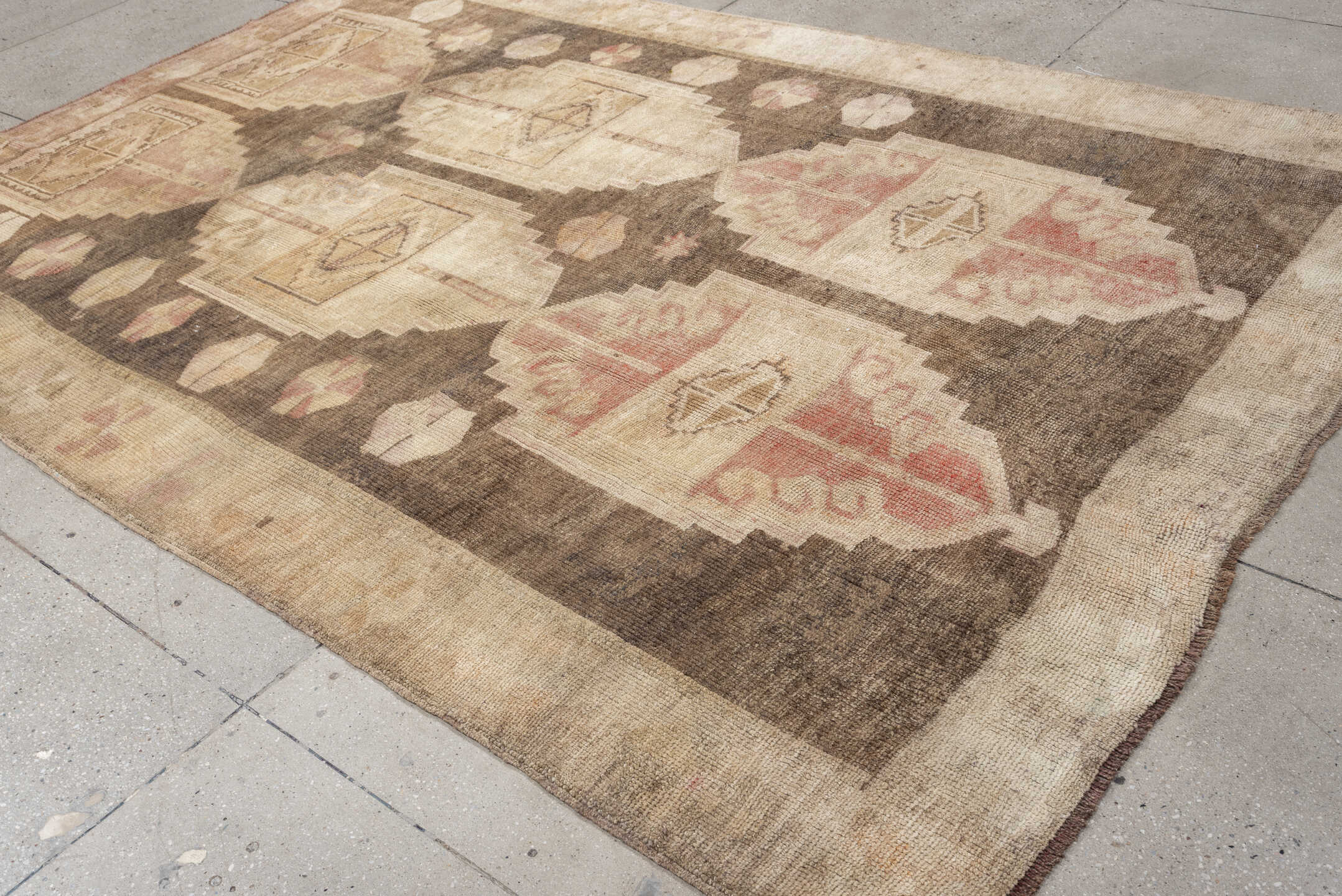 7' x 10' one-of-a-kind handmade vintage Kars large size rug. Color palette: ivory, taupe, blush, brown, sand, rose, beige
