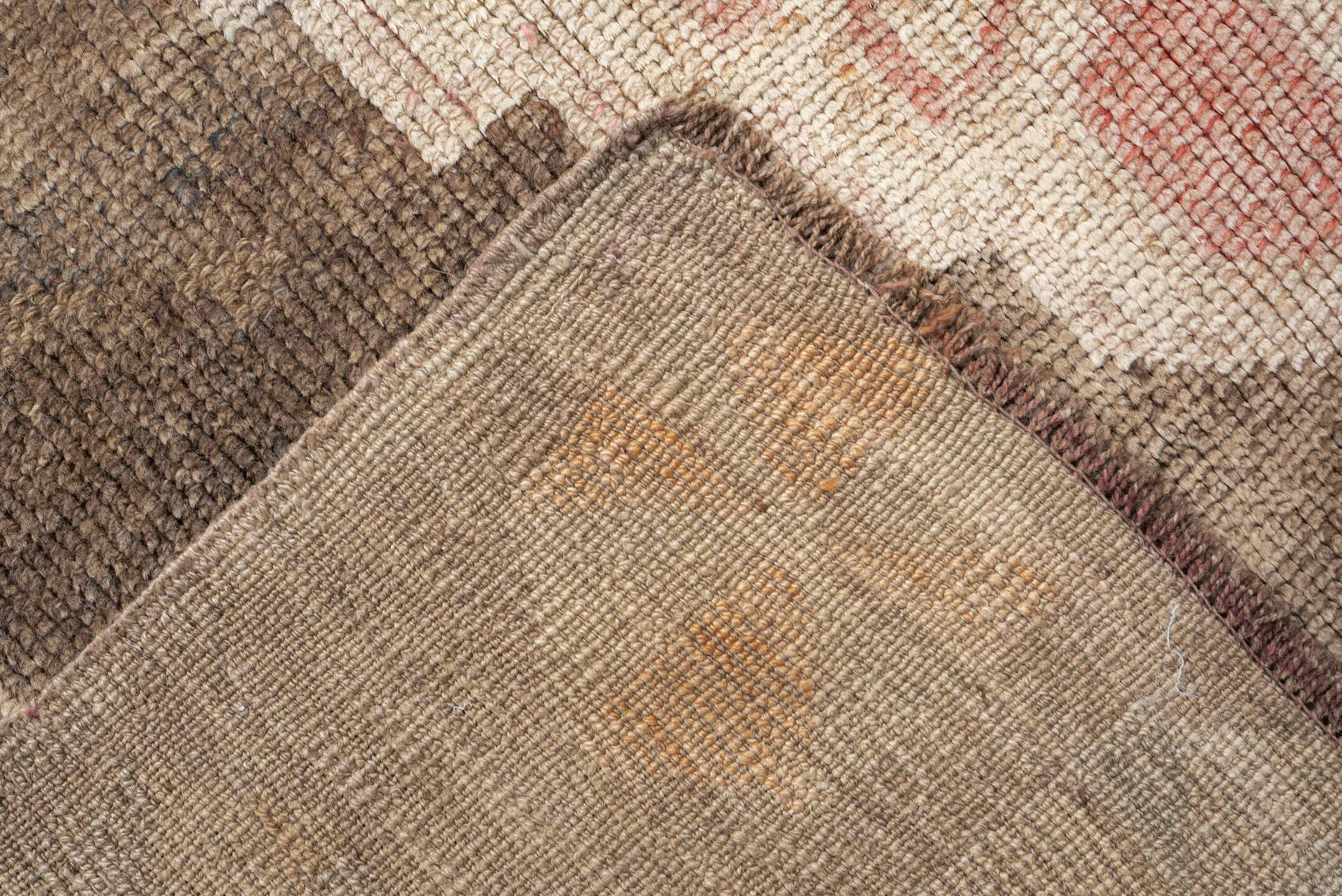 7' x 10' one-of-a-kind handmade vintage Kars large size rug. Color palette: ivory, taupe, blush, brown, sand, rose, beige