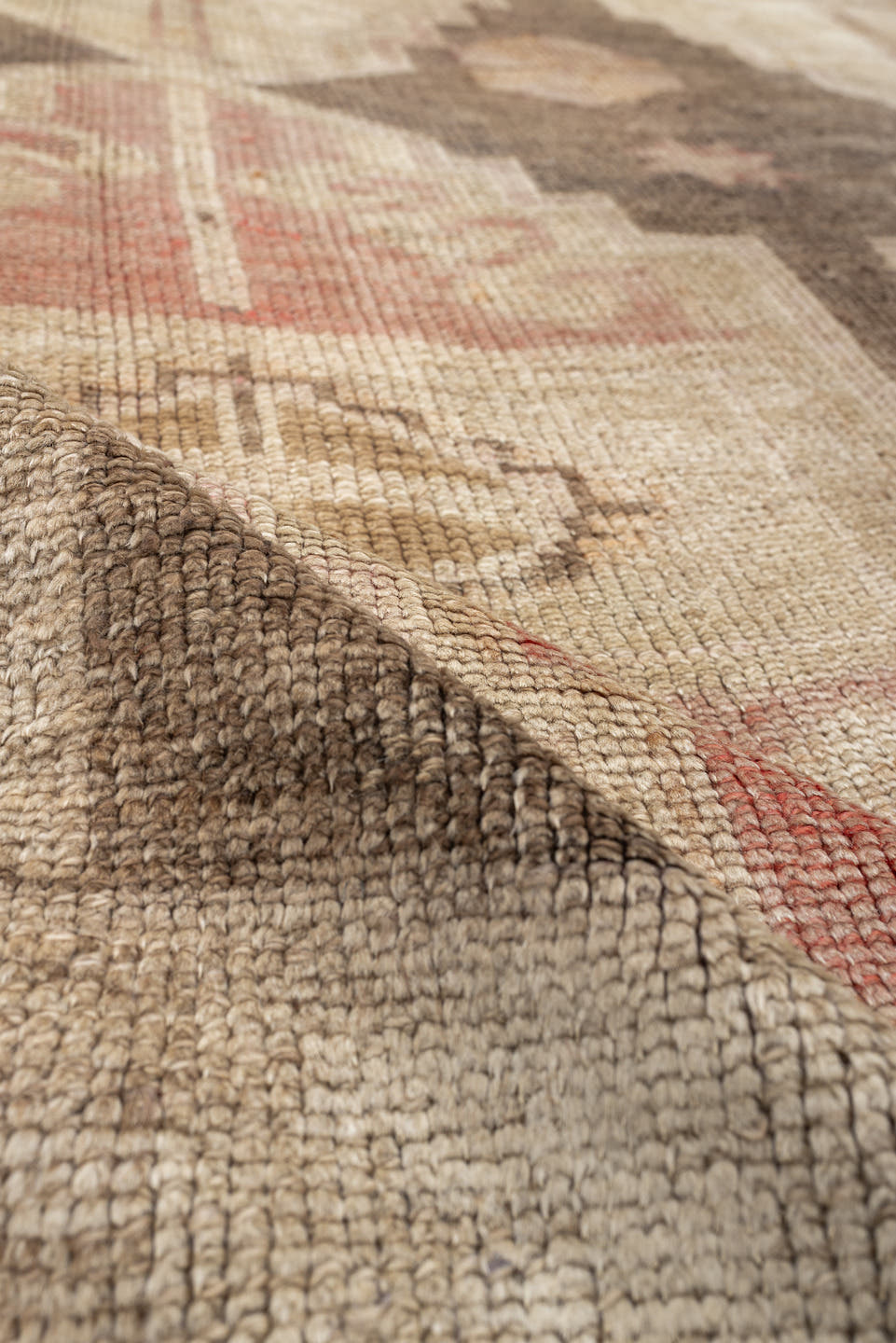 7' x 10' one-of-a-kind handmade vintage Kars large size rug. Color palette: ivory, taupe, blush, brown, sand, rose, beige