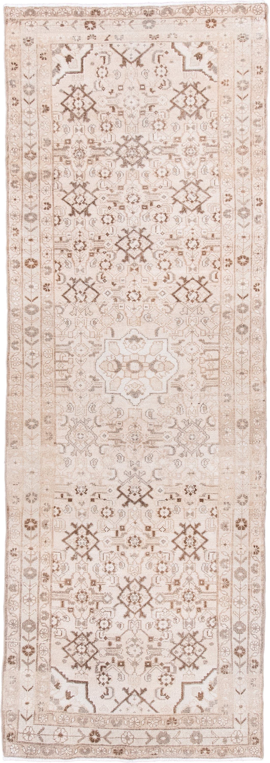 3' x 9' one-of-a-kind handmade antique Hamadan runner rug. Color palette: ivory, taupe, camel, beige, light brown, gray