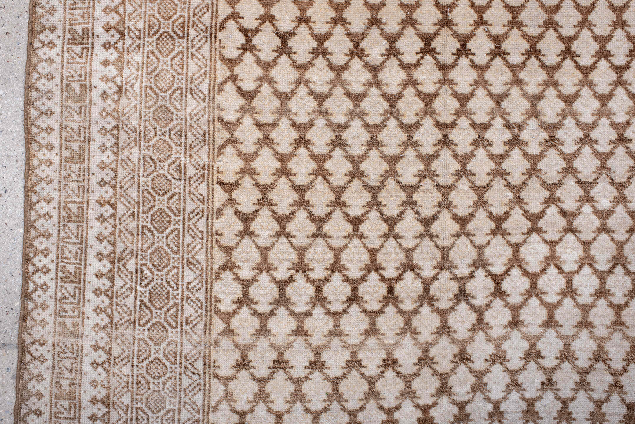 3' x 4' one-of-a-kind handmade vintage Belouch small size rug. Color palette: brown, gray, light gray, linen, off-white