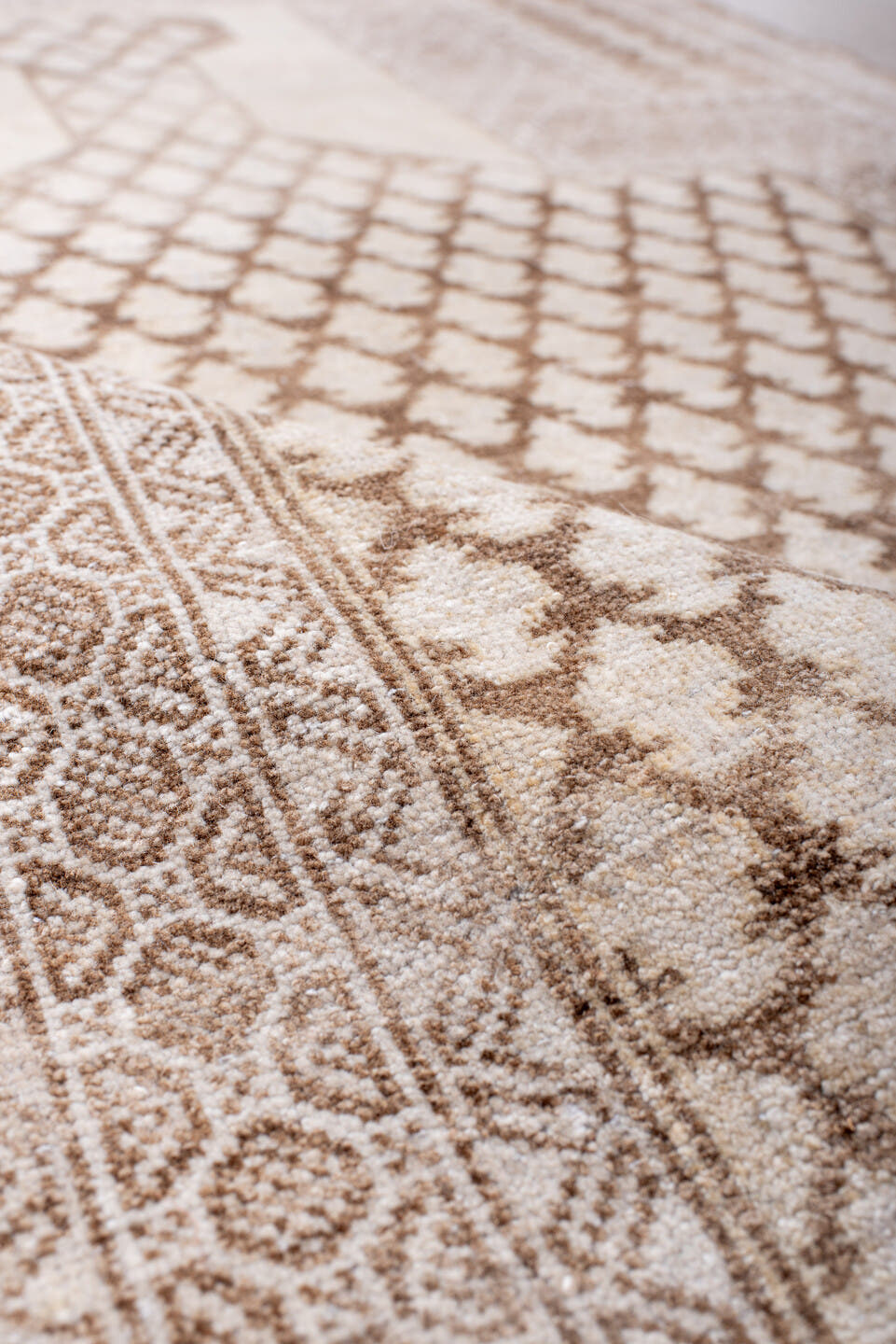 3' x 4' one-of-a-kind handmade antique Belouch small size rug. Color palette: ivory, camel, taupe, beige, sand, brown, gray