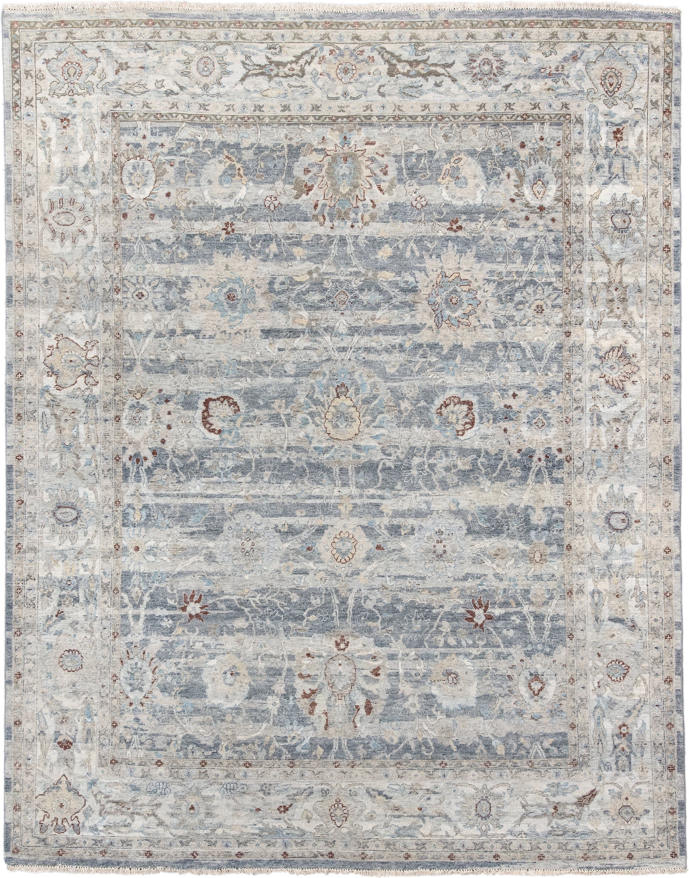 7' x 9' one-of-a-kind handmade vintage India large size rug. Color palette: ivory, pale blue, sky blue, rust, taupe, slate
