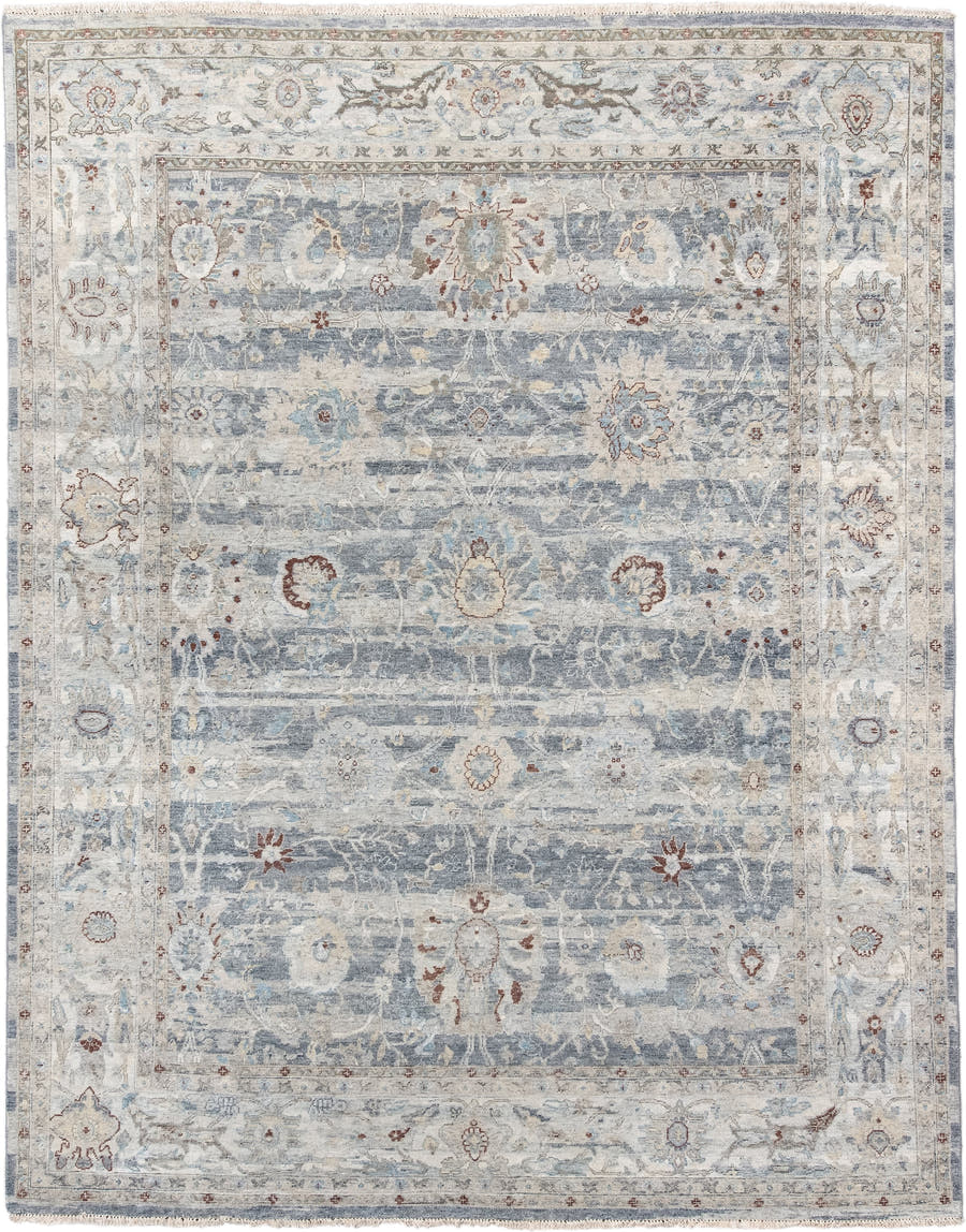 7' x 9' one-of-a-kind handmade vintage India large size rug. Color palette: ivory, pale blue, sky blue, rust, taupe, slate