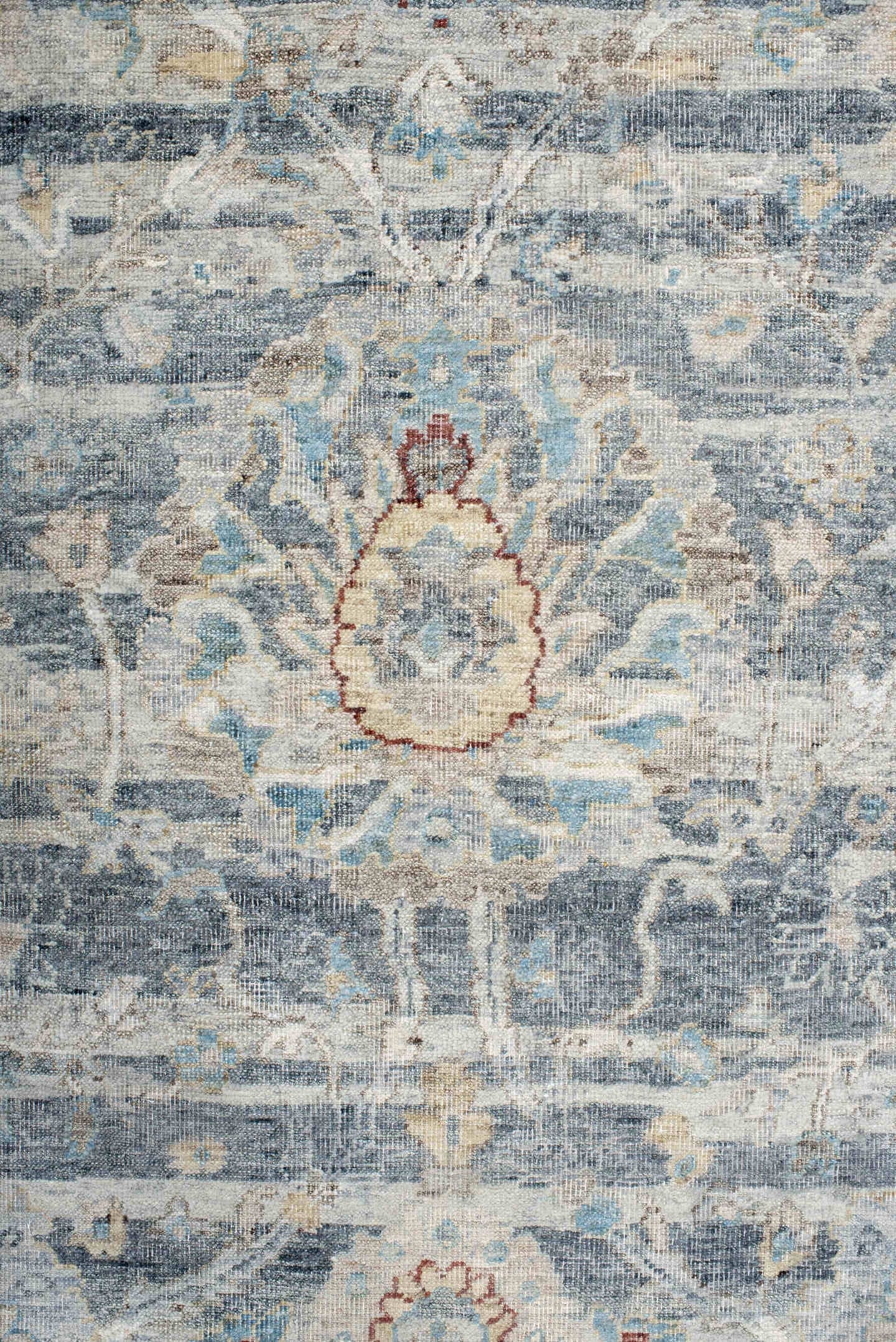 7' x 9' one-of-a-kind handmade vintage India large size rug. Color palette: ivory, pale blue, sky blue, rust, taupe, slate