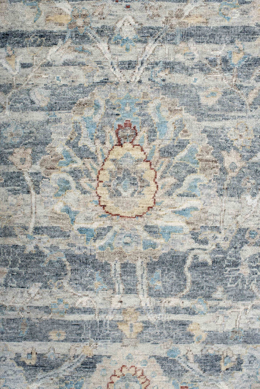 7' x 9' one-of-a-kind handmade vintage India large size rug. Color palette: ivory, pale blue, sky blue, rust, taupe, slate