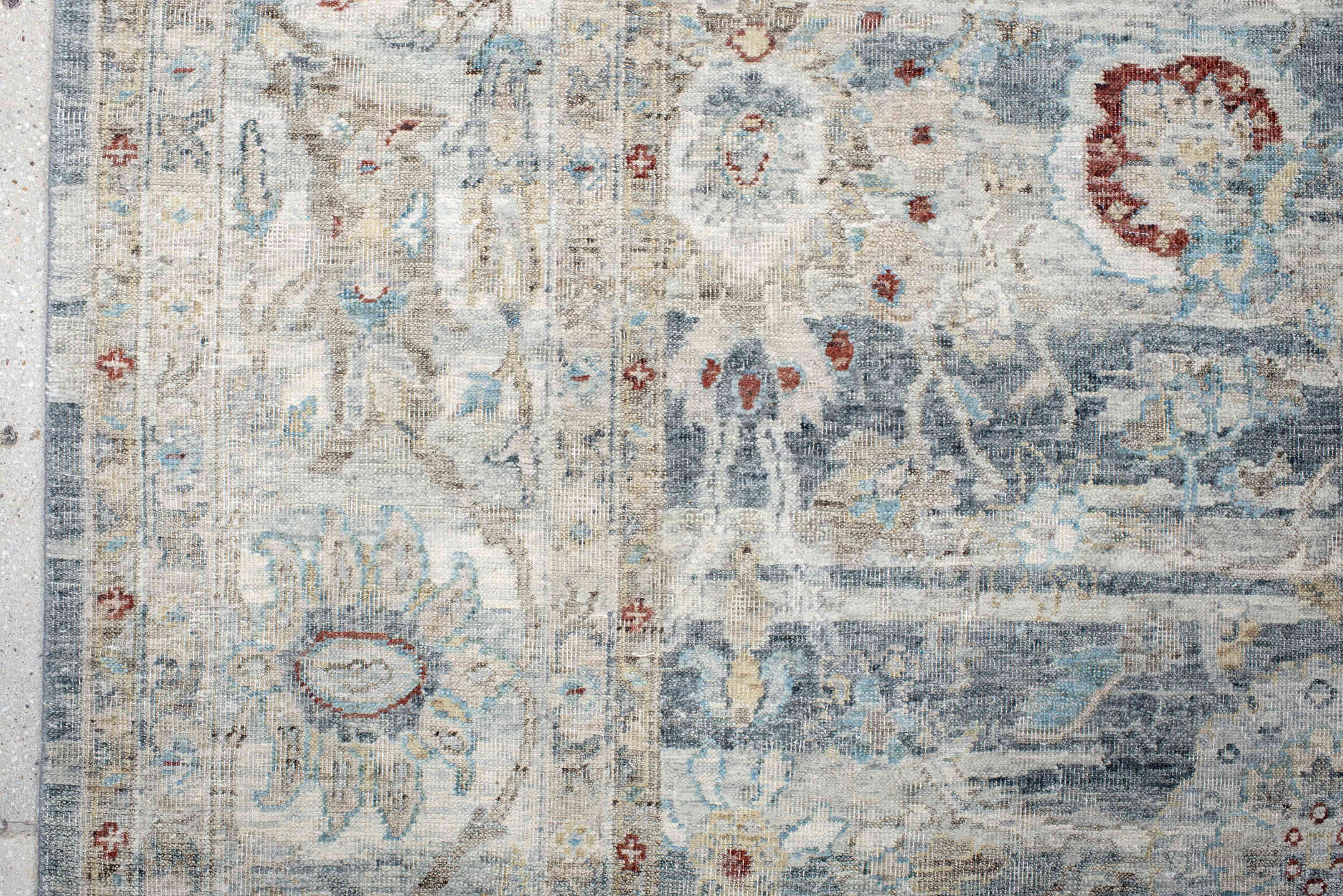 7' x 9' one-of-a-kind handmade vintage India large size rug. Color palette: ivory, pale blue, sky blue, rust, taupe, slate
