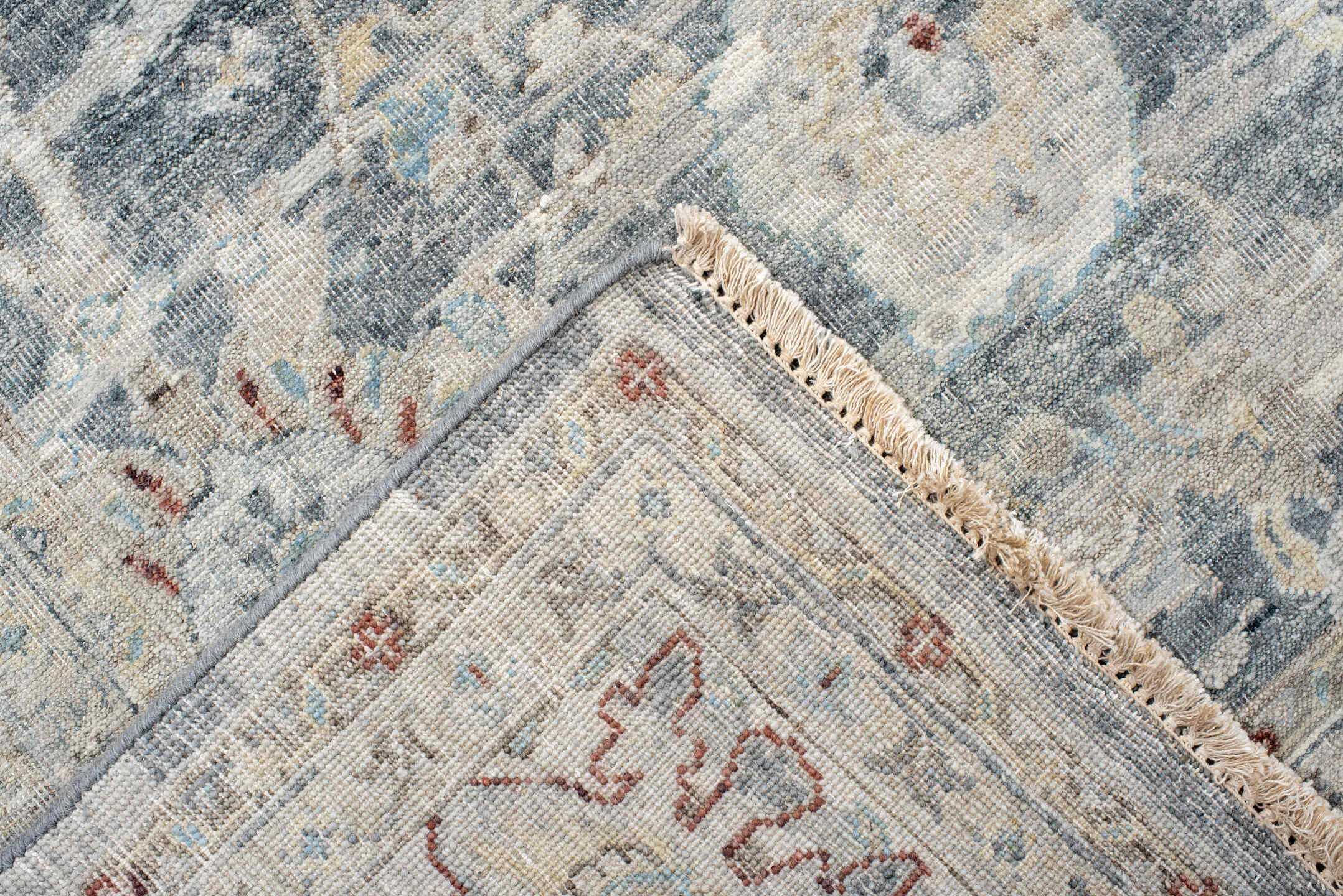 7' x 9' one-of-a-kind handmade vintage India large size rug. Color palette: ivory, pale blue, sky blue, rust, taupe, slate