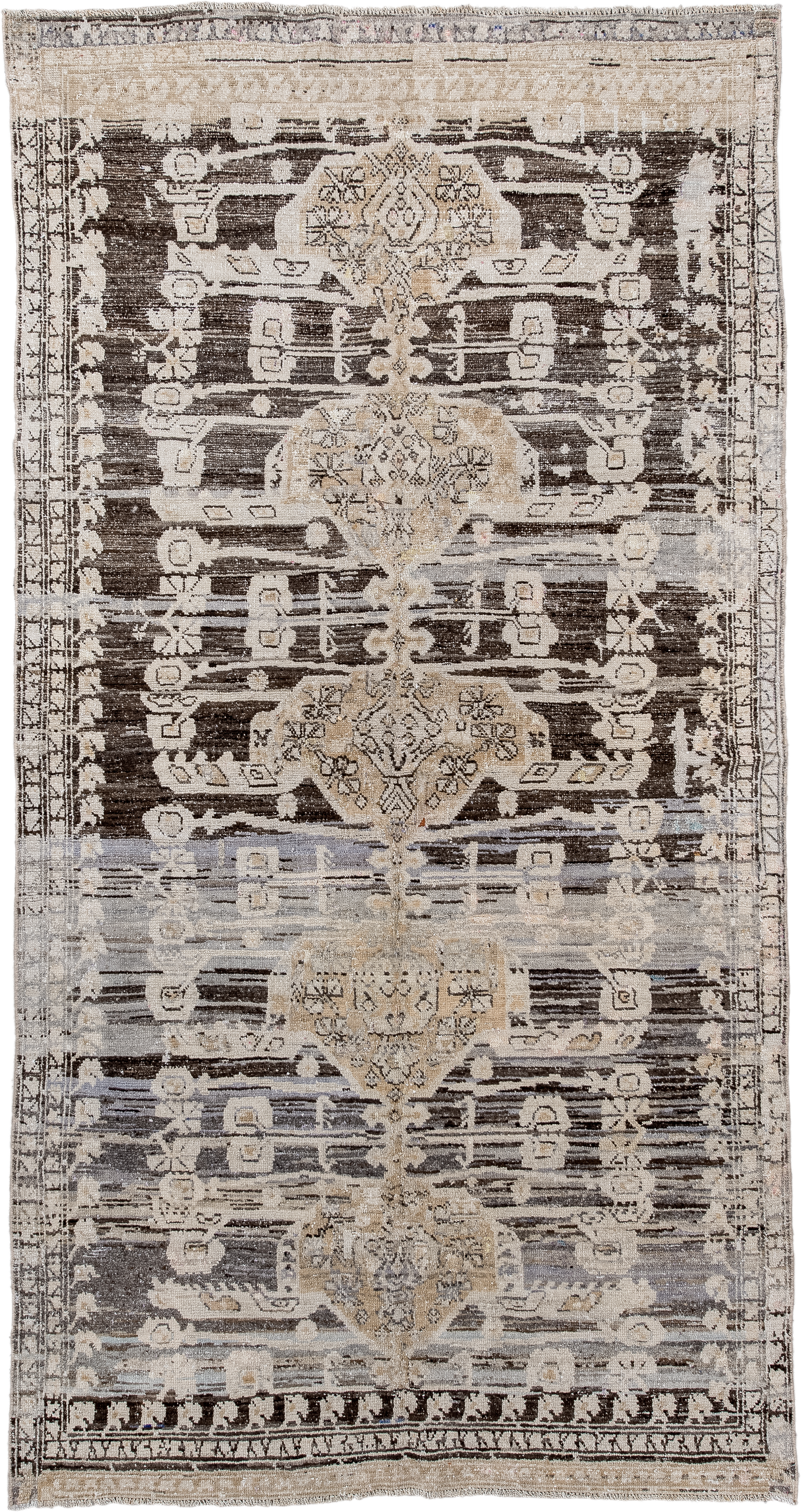 4' x 8' one-of-a-kind handmade antique Kula rug. Color palette: ivory, charcoal, taupe, beige, slate, cream, gray, black