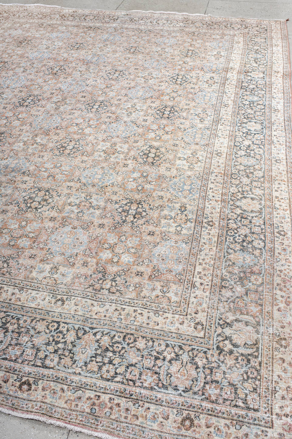 10' x 13' one-of-a-kind handmade vintage Khorassan large size rug. Color palette: light gray, off-white, gray, pink, brown