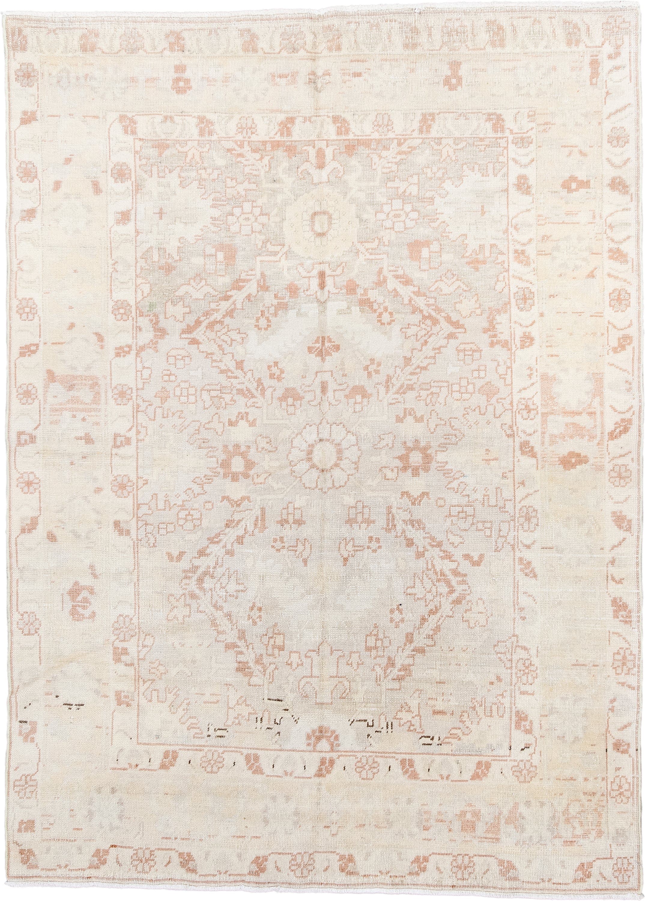 4' x 6' one-of-a-kind handmade antique Anatolian small size rug. Color palette: ivory, blush, peach, cream, taupe, pink