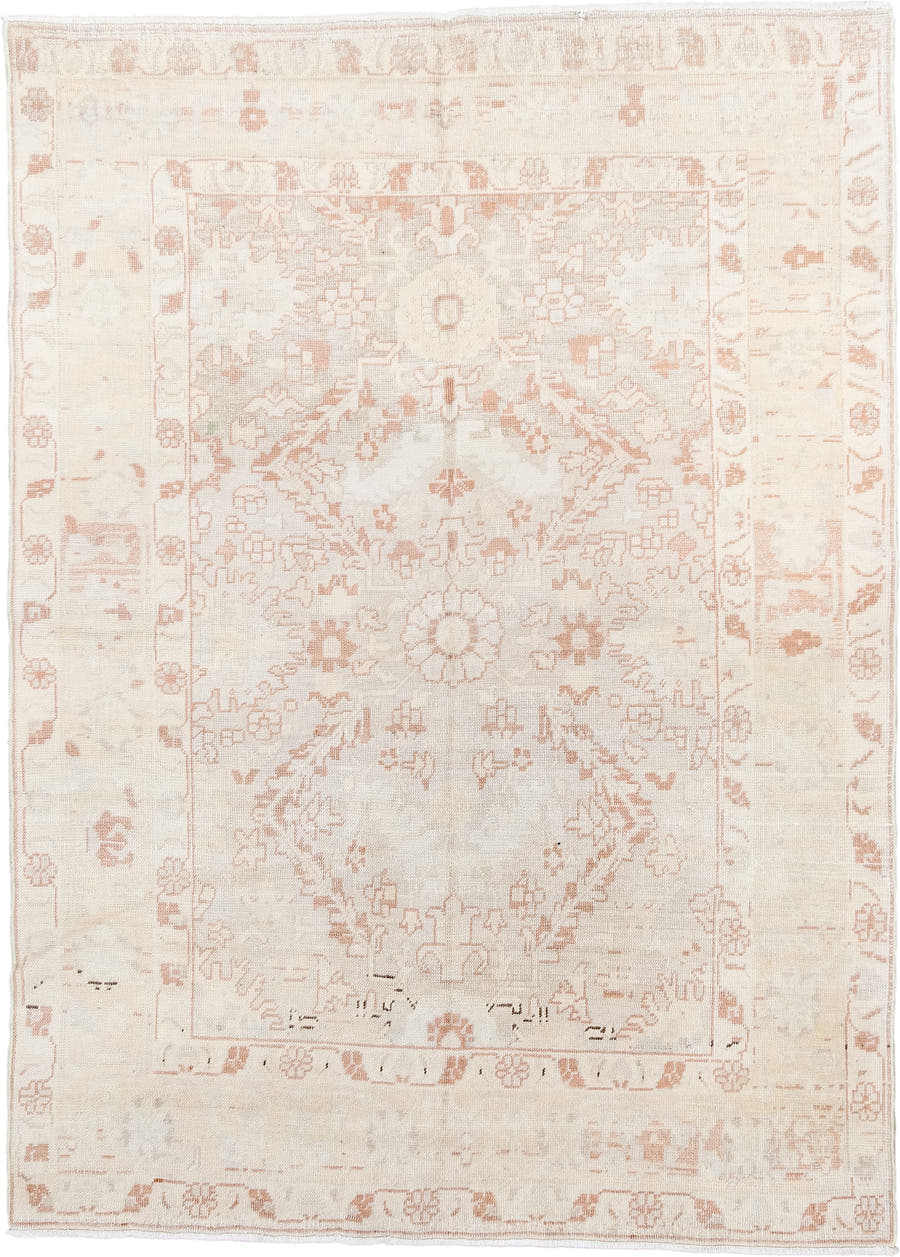 4' x 6' one-of-a-kind handmade antique Anatolian small size rug. Color palette: ivory, blush, peach, cream, taupe, pink