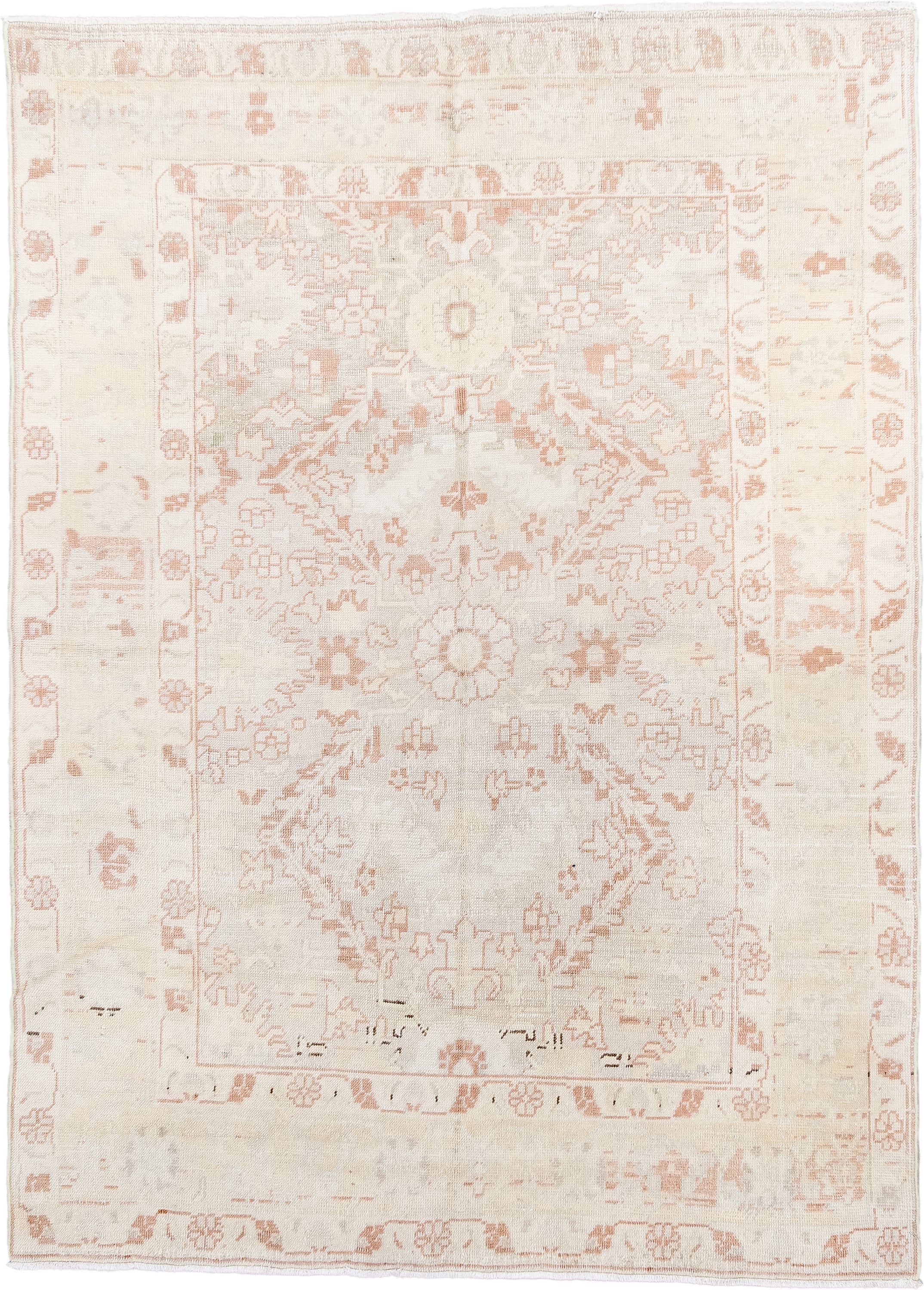 4' x 6' one-of-a-kind handmade antique Anatolian small size rug. Color palette: ivory, blush, peach, cream, taupe, pink