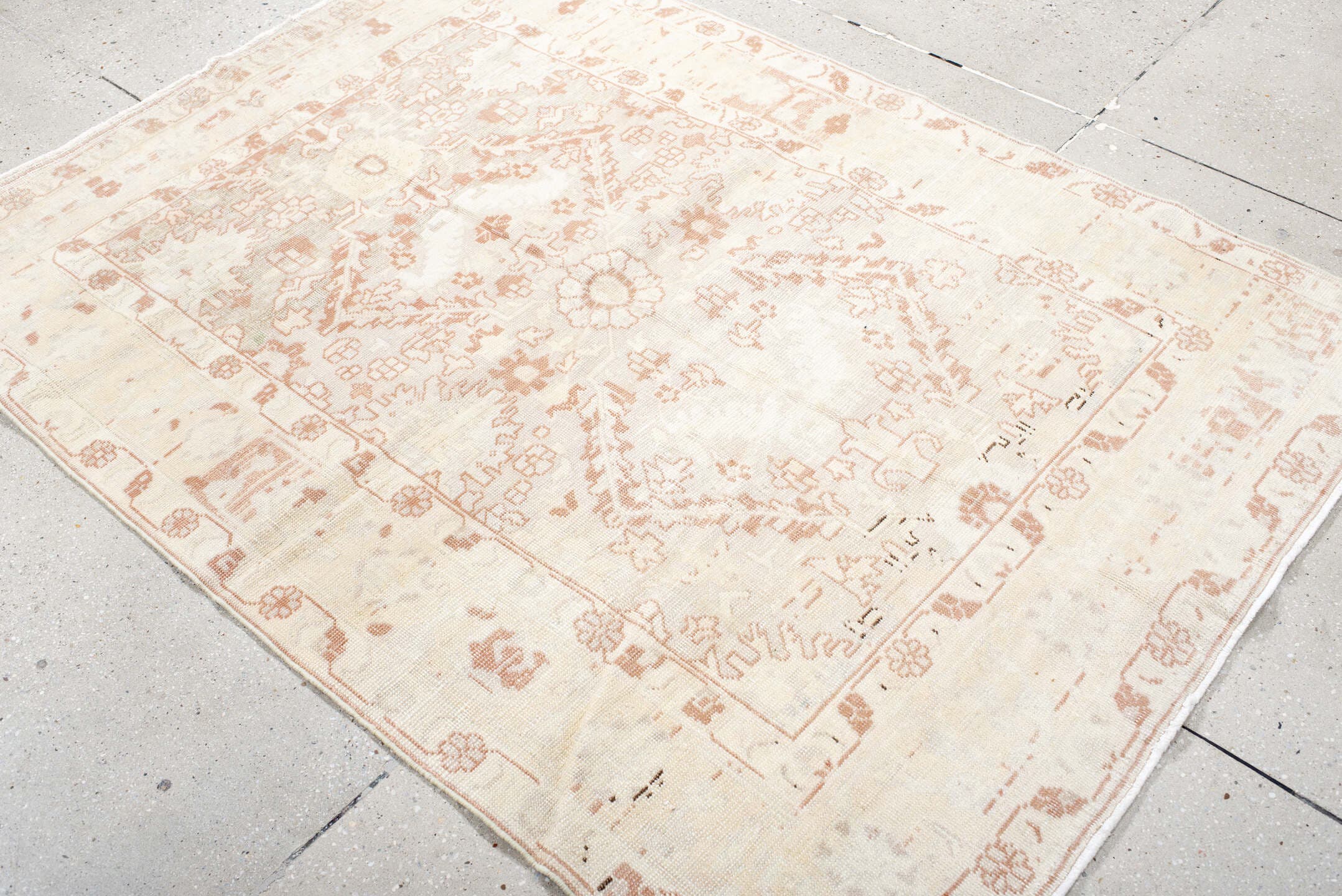 4' x 6' one-of-a-kind handmade antique Anatolian small size rug. Color palette: ivory, blush, peach, cream, taupe, pink