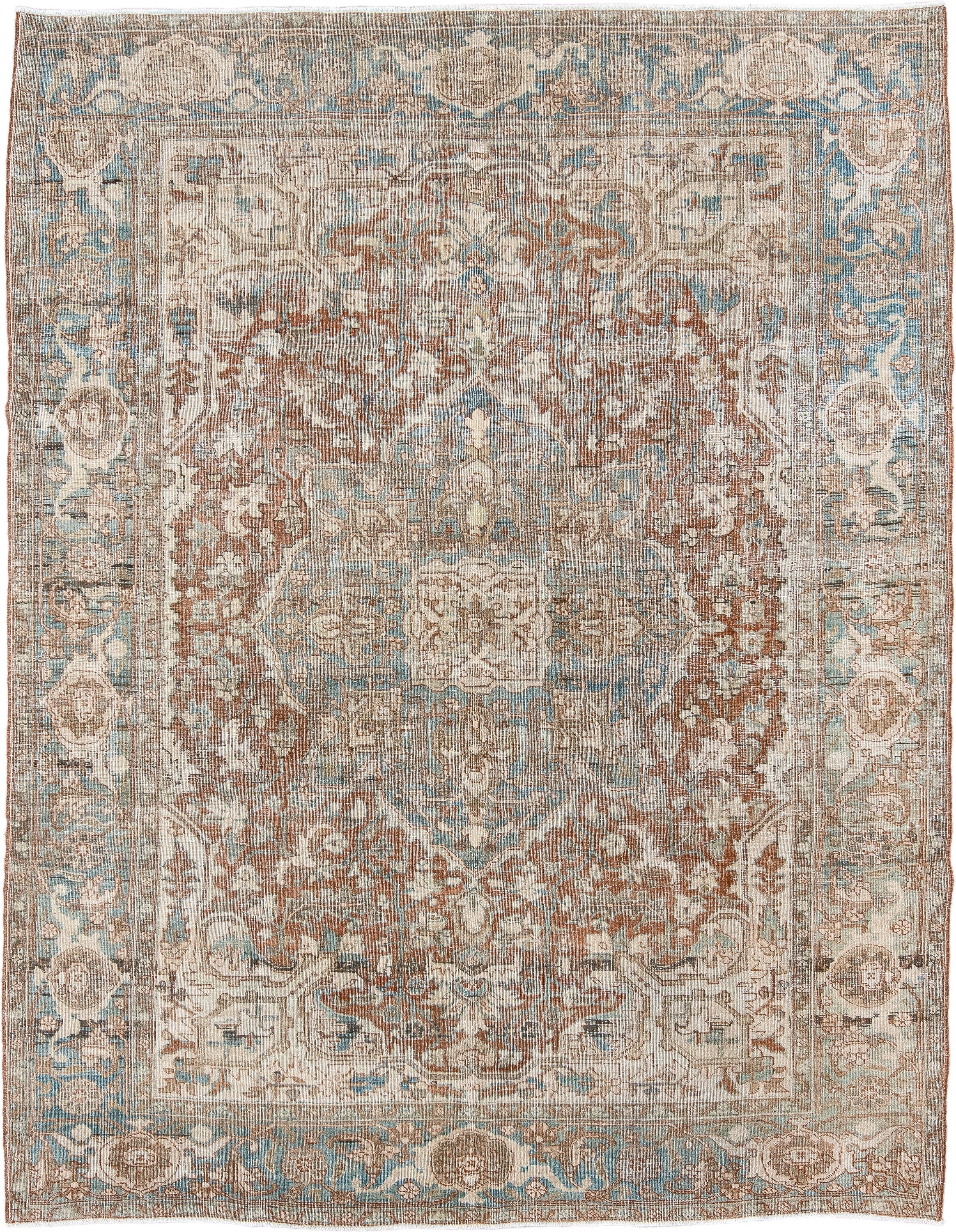 7' x 9' one-of-a-kind handmade antique Heriz rug. Color palette: ivory, sky blue, rust, taupe, camel, brown, light blue