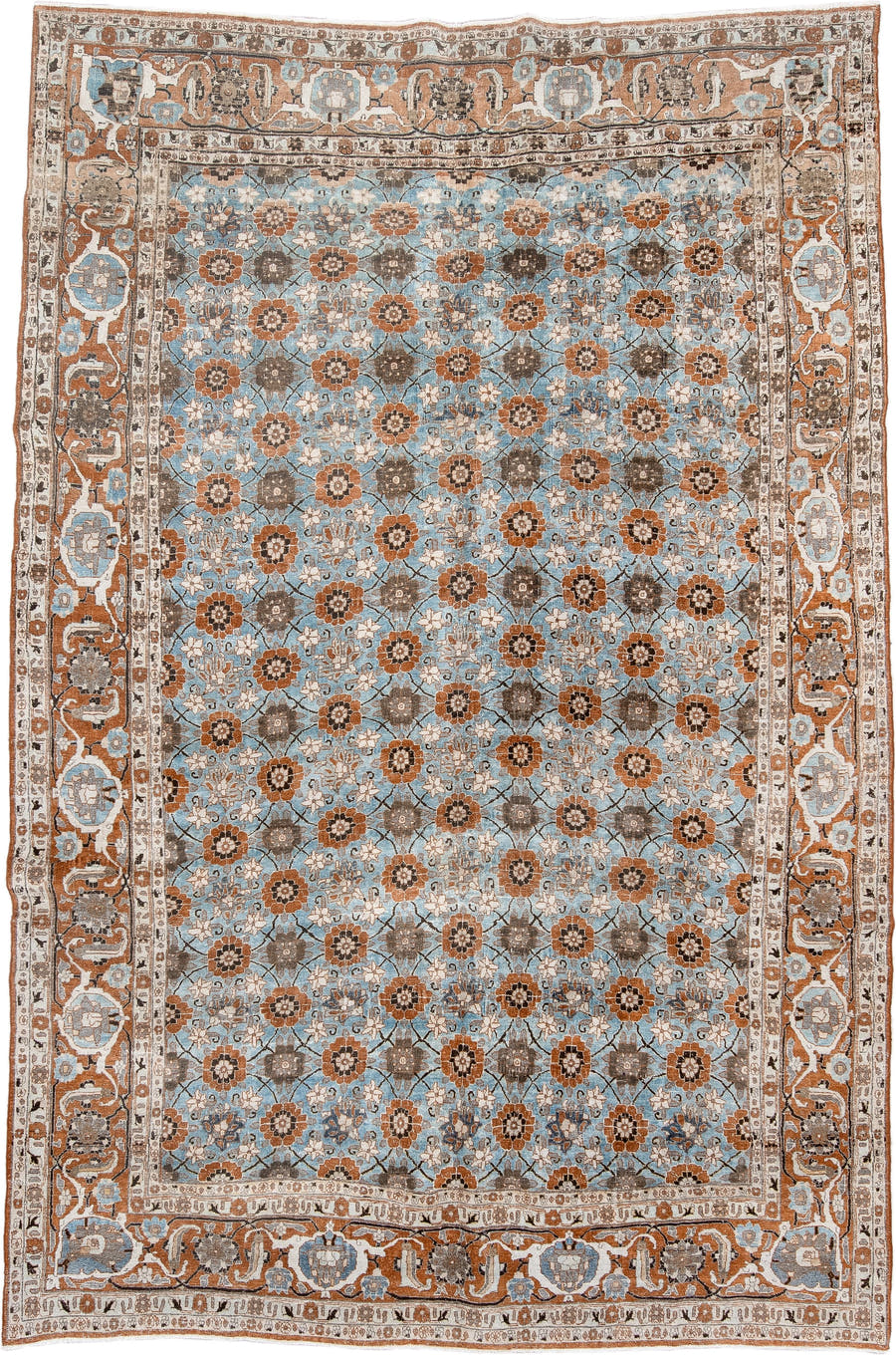 6' x 10' one-of-a-kind handmade antique Varamin large size rug. Color palette: sky blue, rust, ivory, taupe, brown, camel
