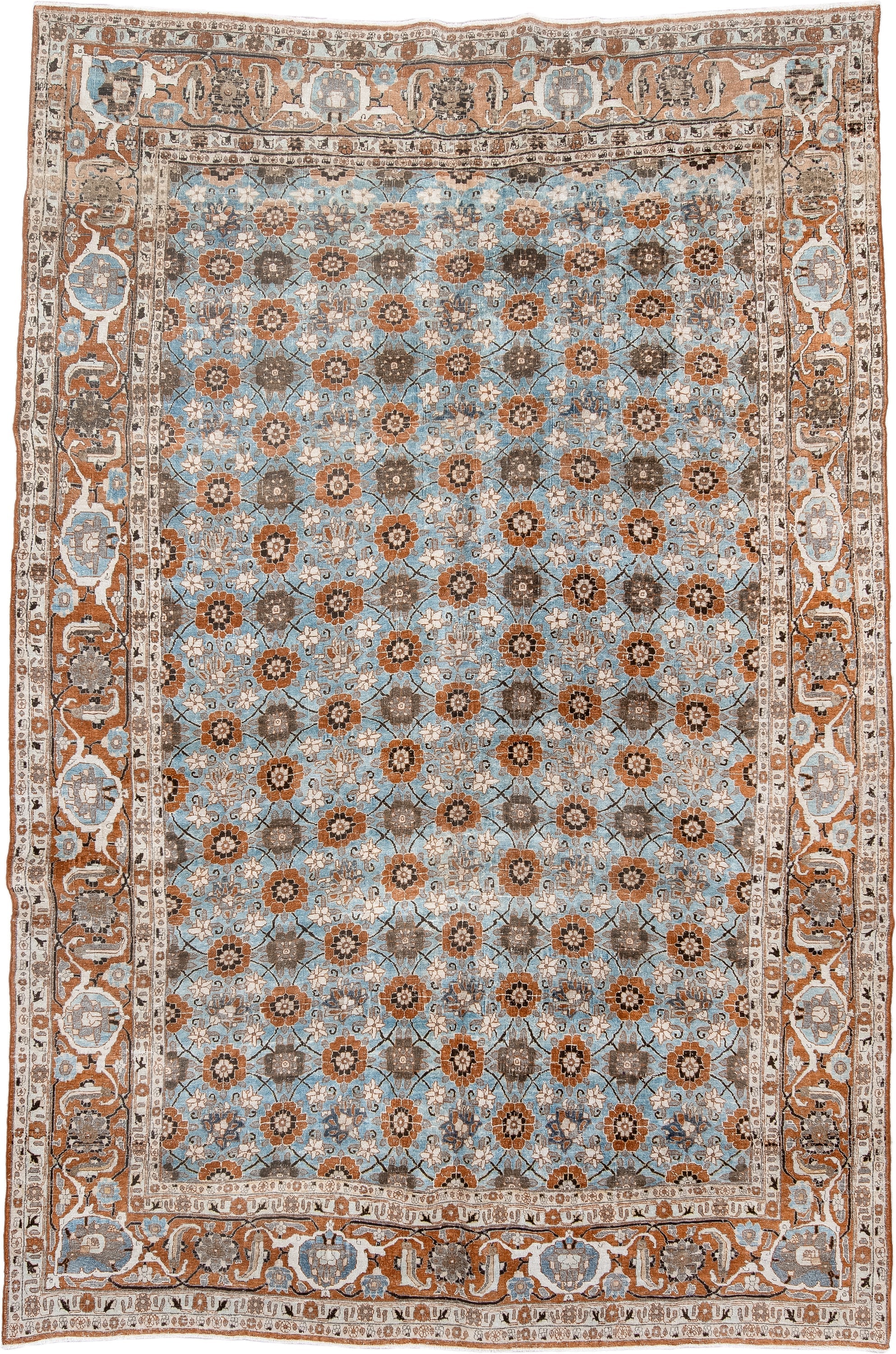 6' x 10' one-of-a-kind handmade antique Varamin large size rug. Color palette: sky blue, rust, ivory, taupe, brown, camel