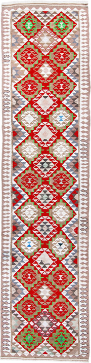 3' x 13' one-of-a-kind handmade vintage Kilim runner rug. Color palette: ivory, red, taupe, green, gray, sky_blue, beige