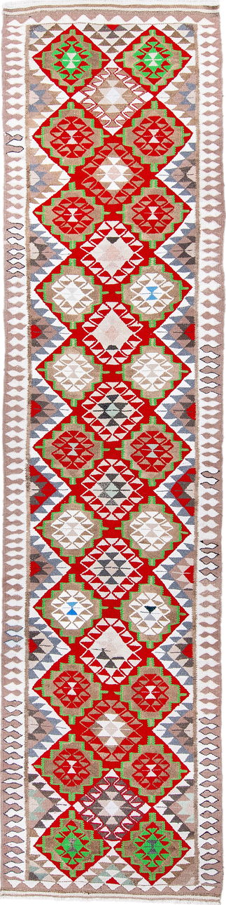 3' x 13' one-of-a-kind handmade vintage Kilim runner rug. Color palette: ivory, red, taupe, green, gray, sky_blue, beige