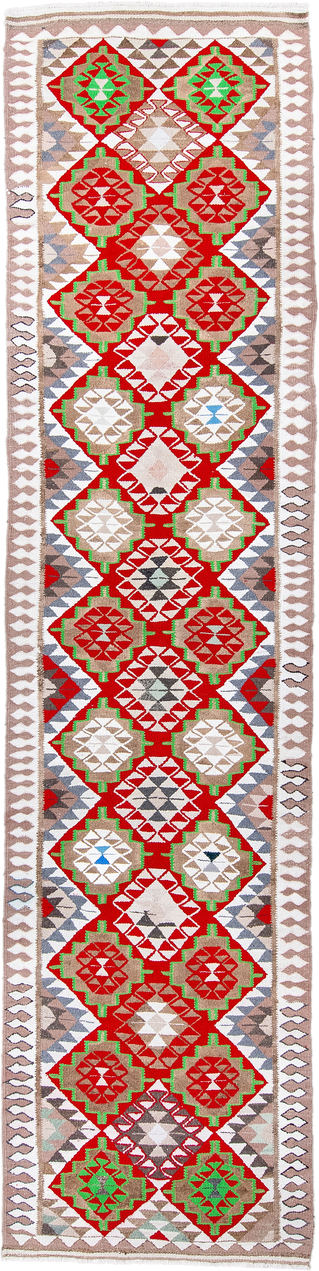 3' x 13' one-of-a-kind handmade vintage Kilim runner rug. Color palette: ivory, red, taupe, green, gray, sky_blue, beige