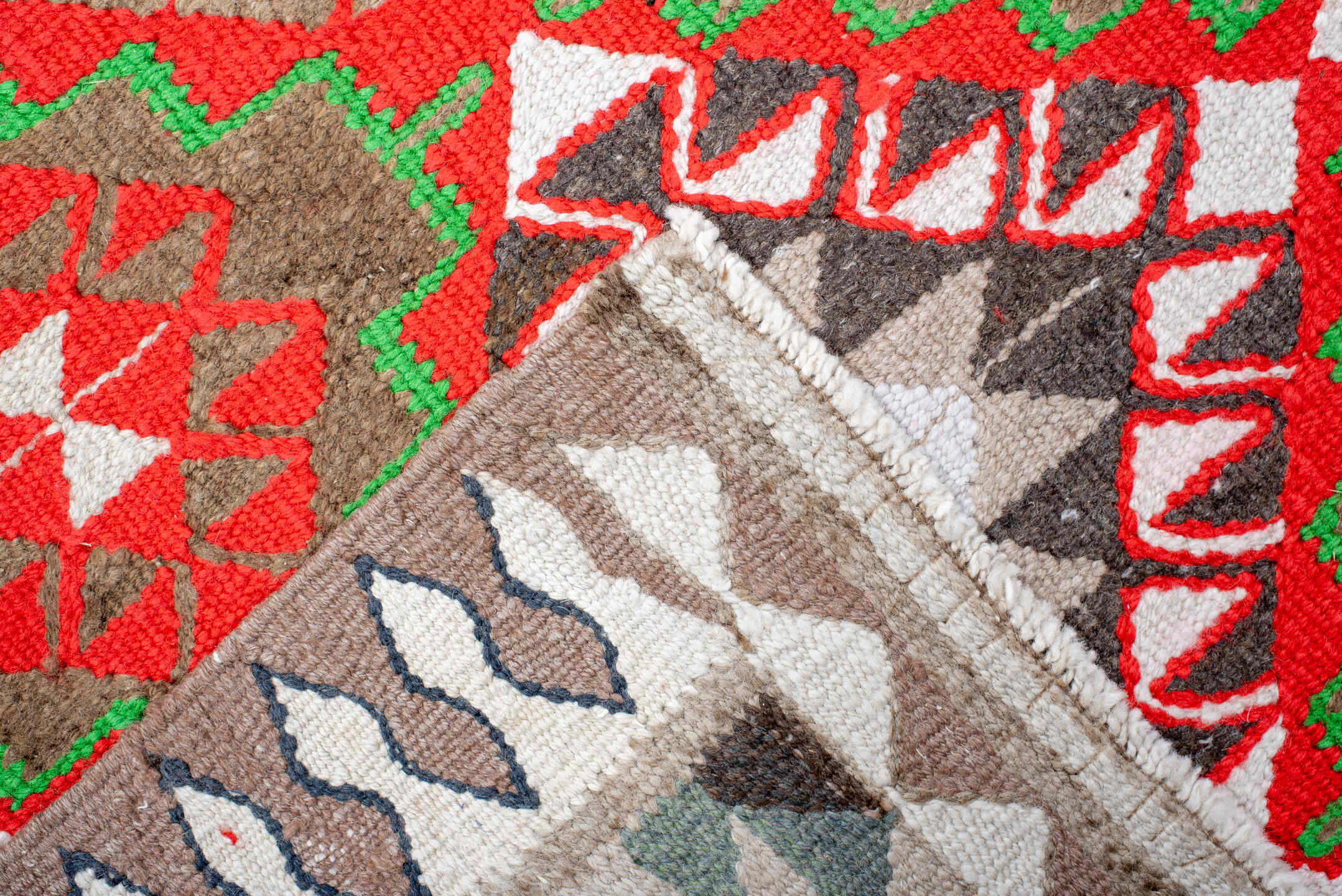 3' x 13' one-of-a-kind handmade vintage Kilim runner rug. Color palette: ivory, red, taupe, green, gray, sky_blue, beige