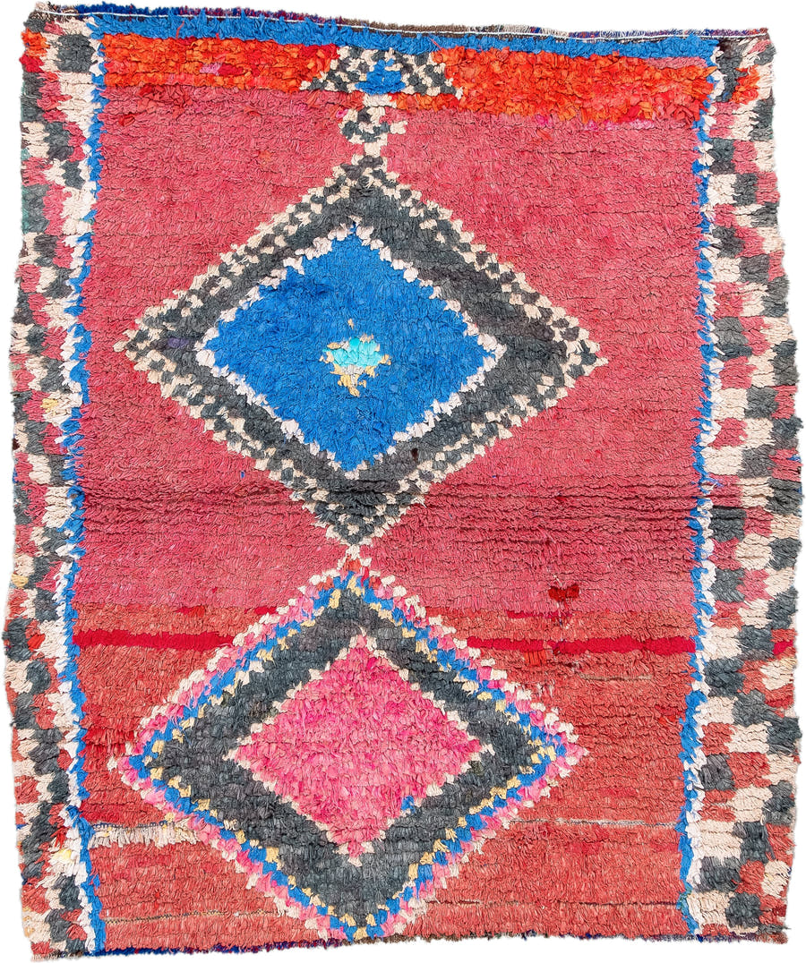 3' x 4' one-of-a-kind handmade vintage Rag Rug small size rug. Color palette: rose, charcoal, ivory, electric blue, coral