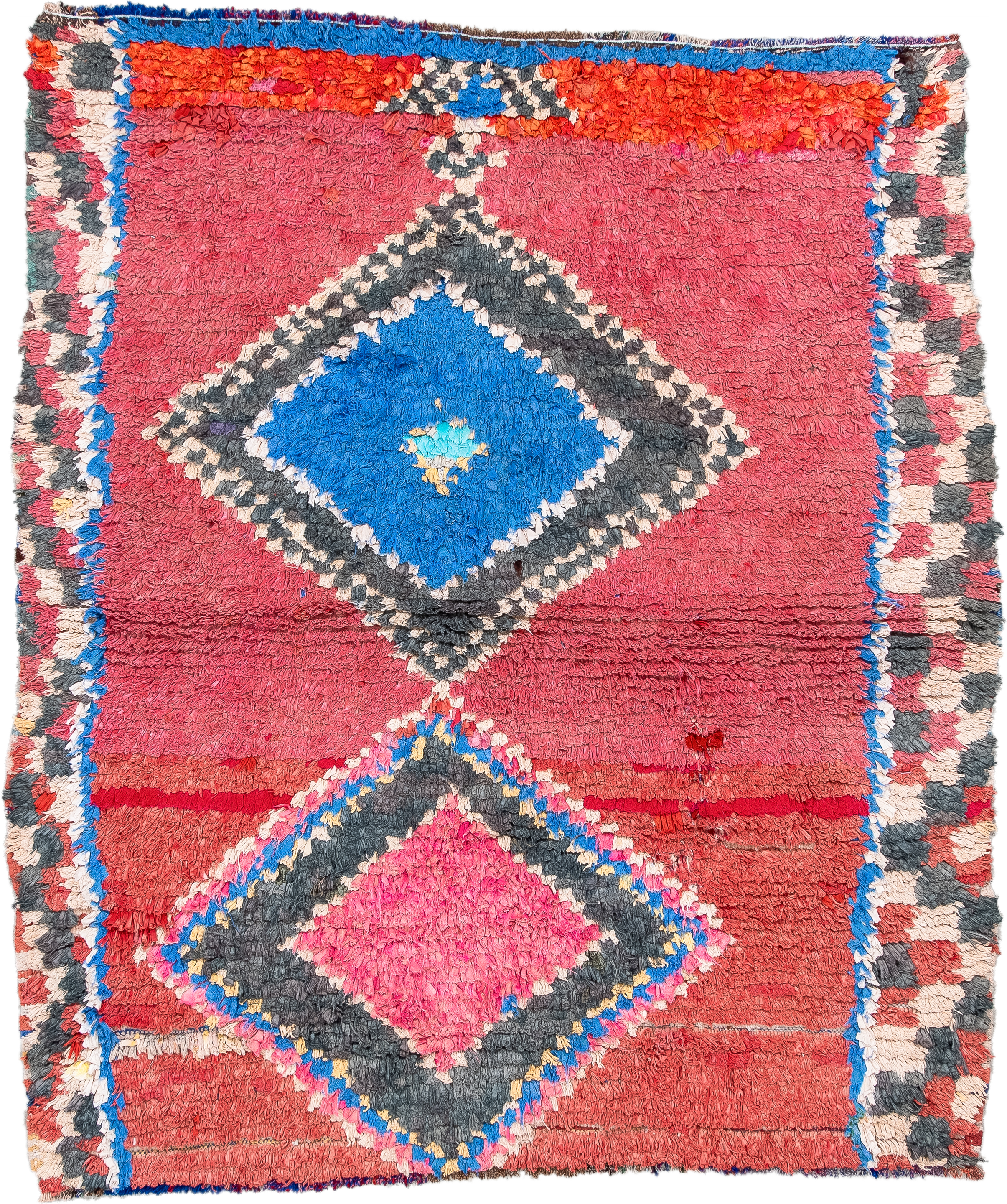3' x 4' one-of-a-kind handmade vintage Rag Rug small size rug. Color palette: rose, charcoal, ivory, electric blue, coral